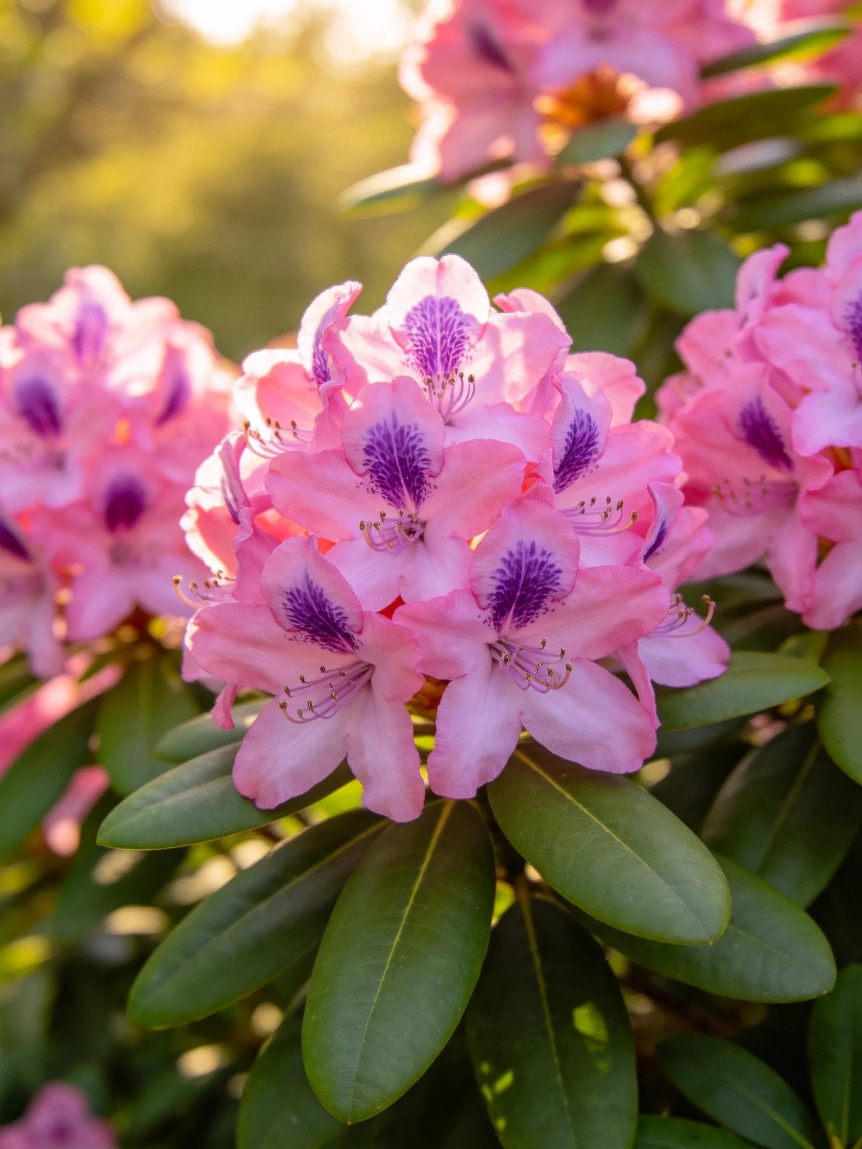 Pink rhododendron blooms with purple centers among glossy green leaves