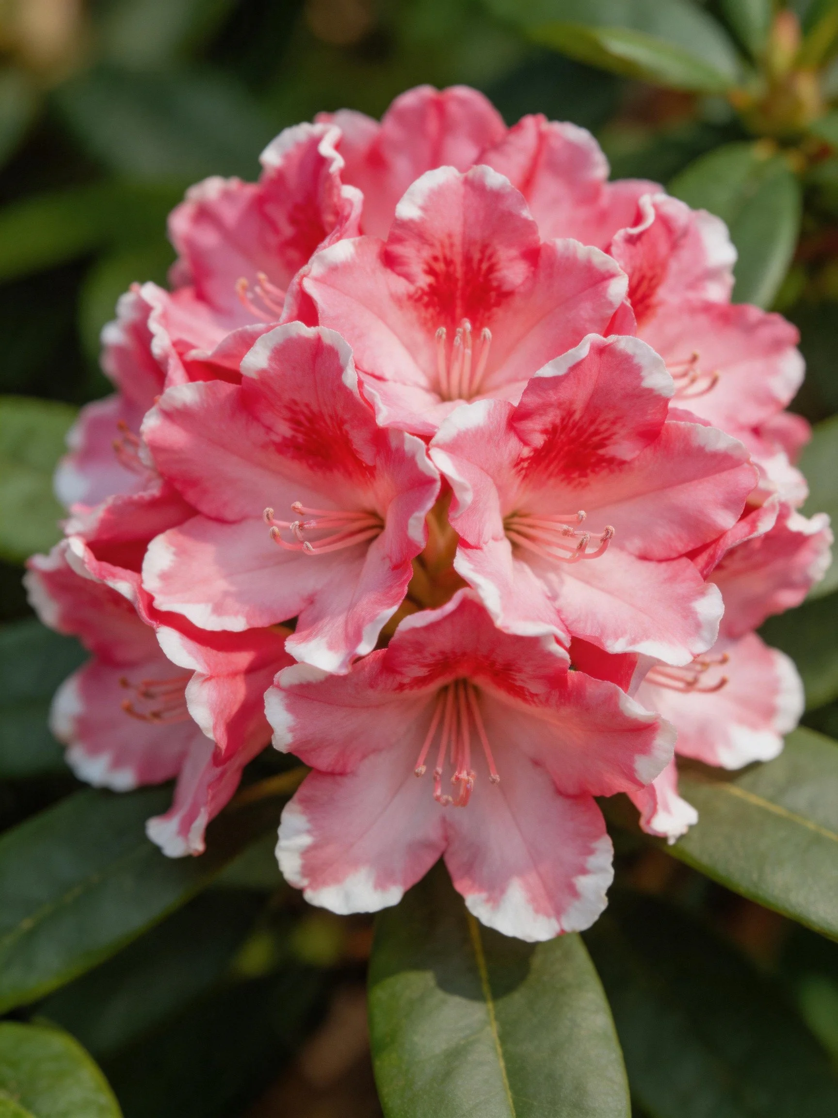 Pink rhododendron cluster with white-edged petals and red centers