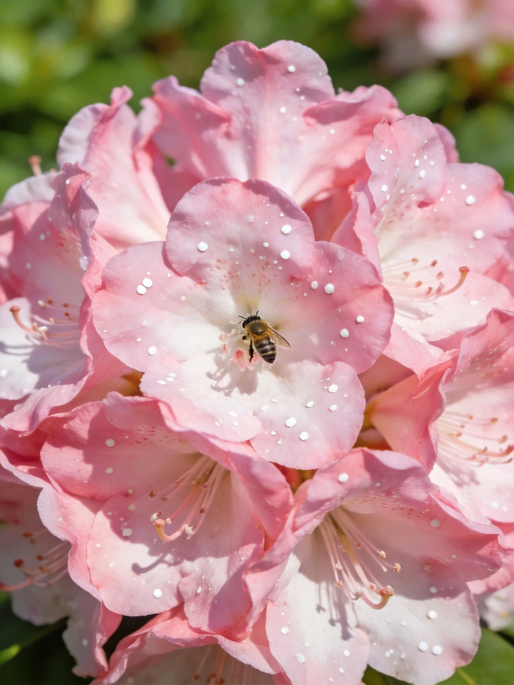 Pink rhododendron flowers with water droplets and a bee