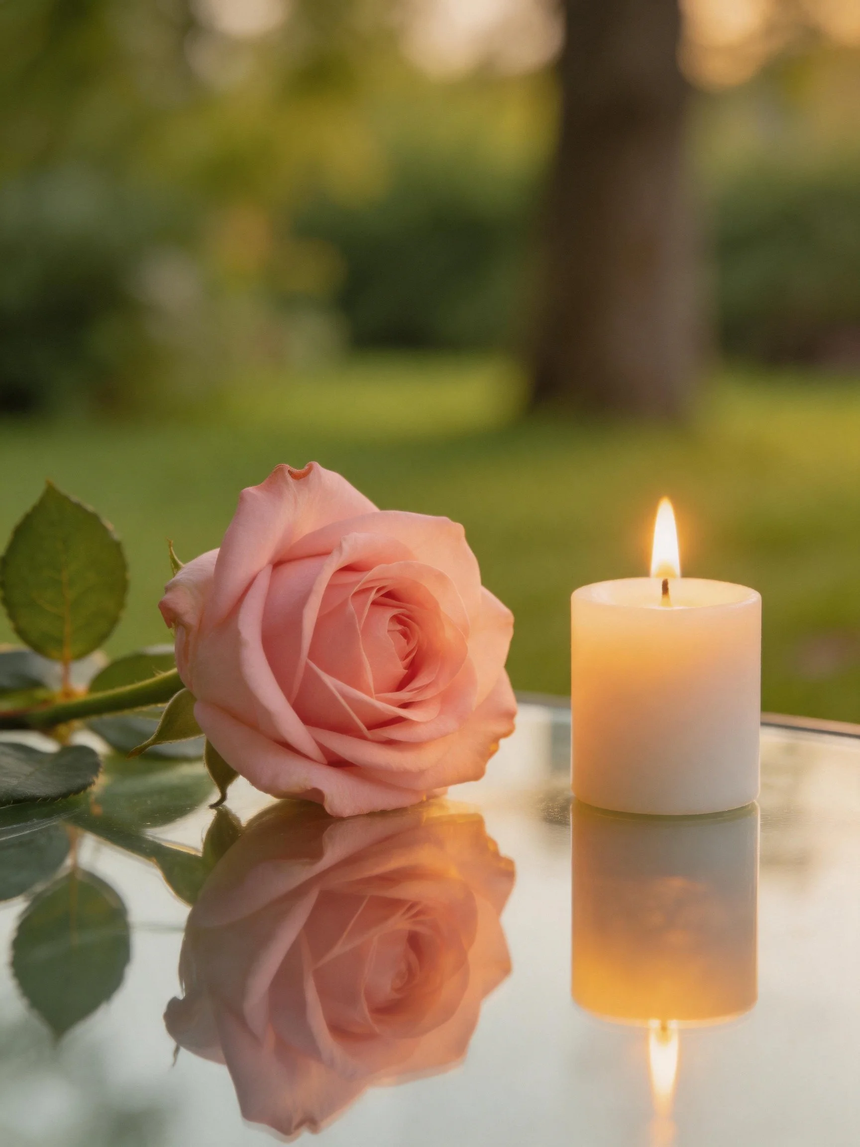 Pink rose and lit candle on reflective surface outdoors