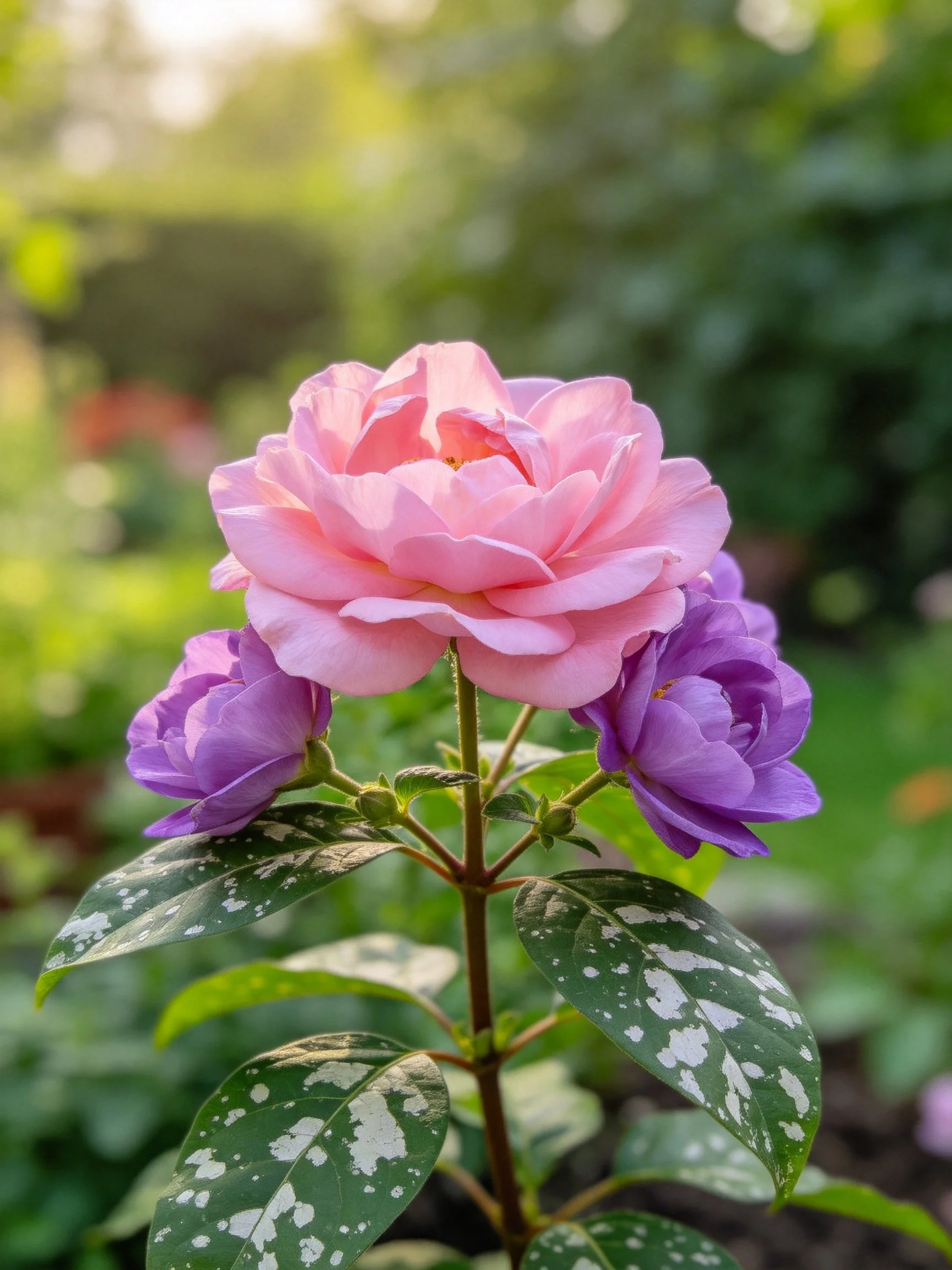 Pink rose and purple blooms with variegated leaves in a sunlit garden