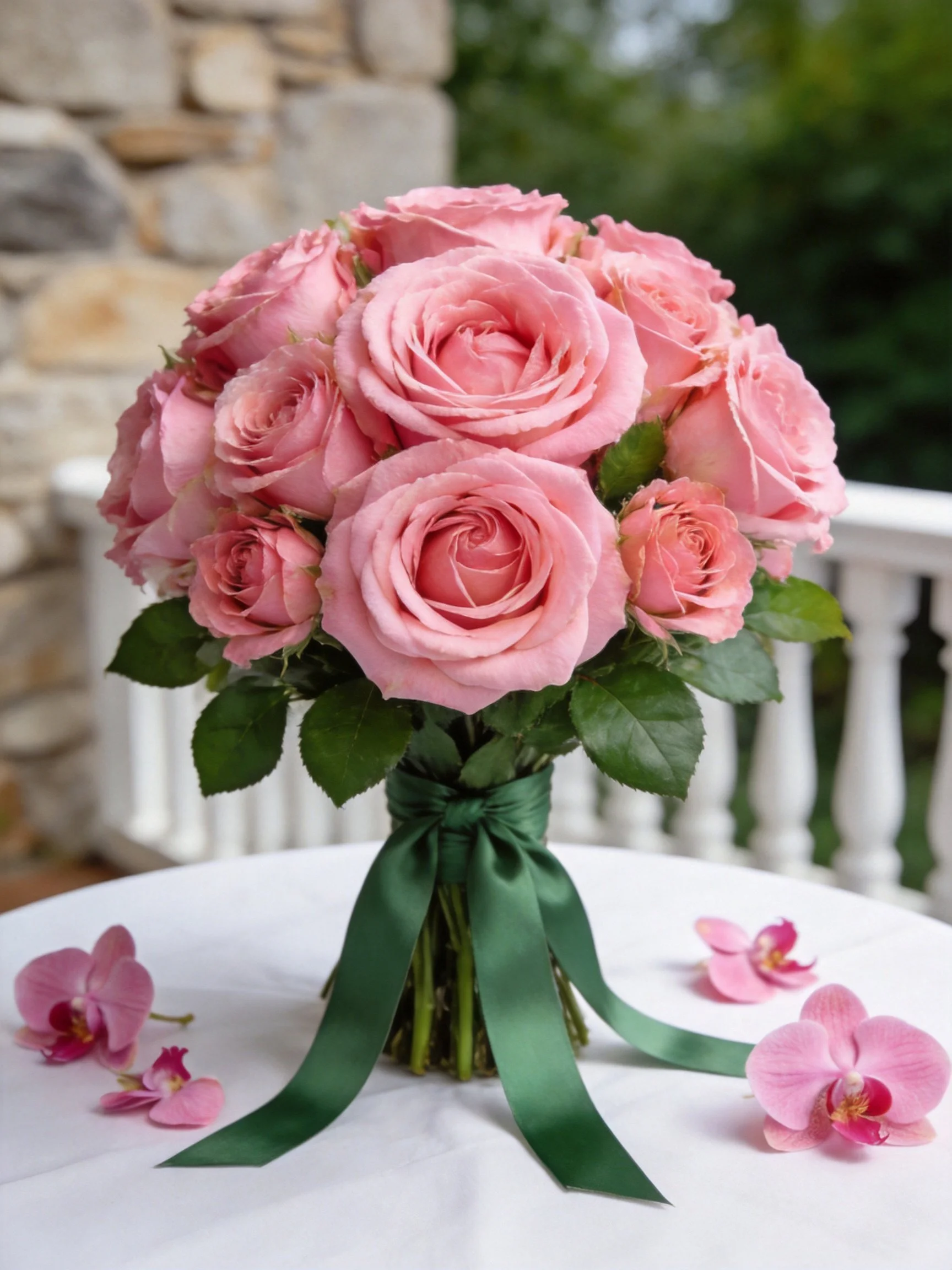 Pink rose bouquet tied with green ribbon