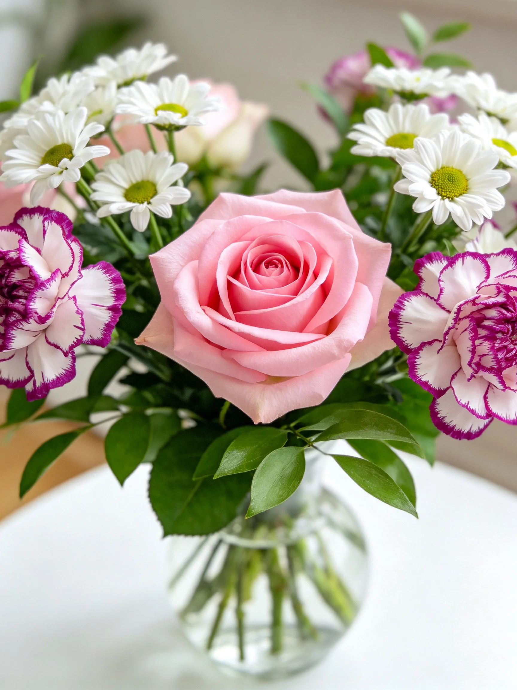 Pink rose bouquet with white daisies and purple carnations in glass vase