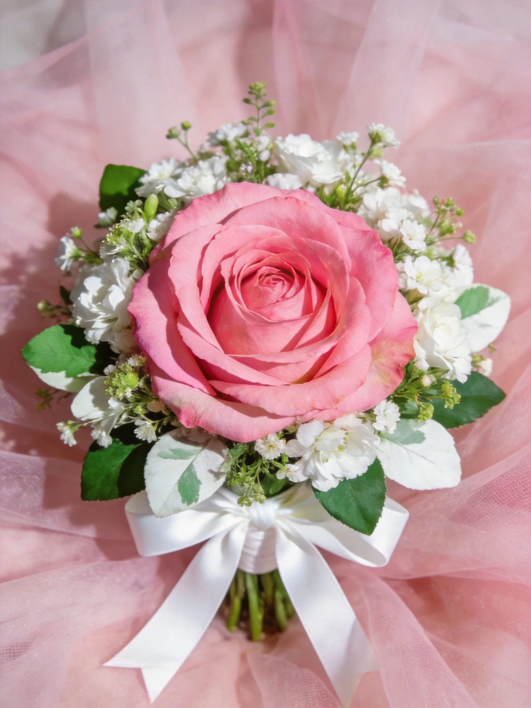 Pink rose bouquet with white flowers and greenery