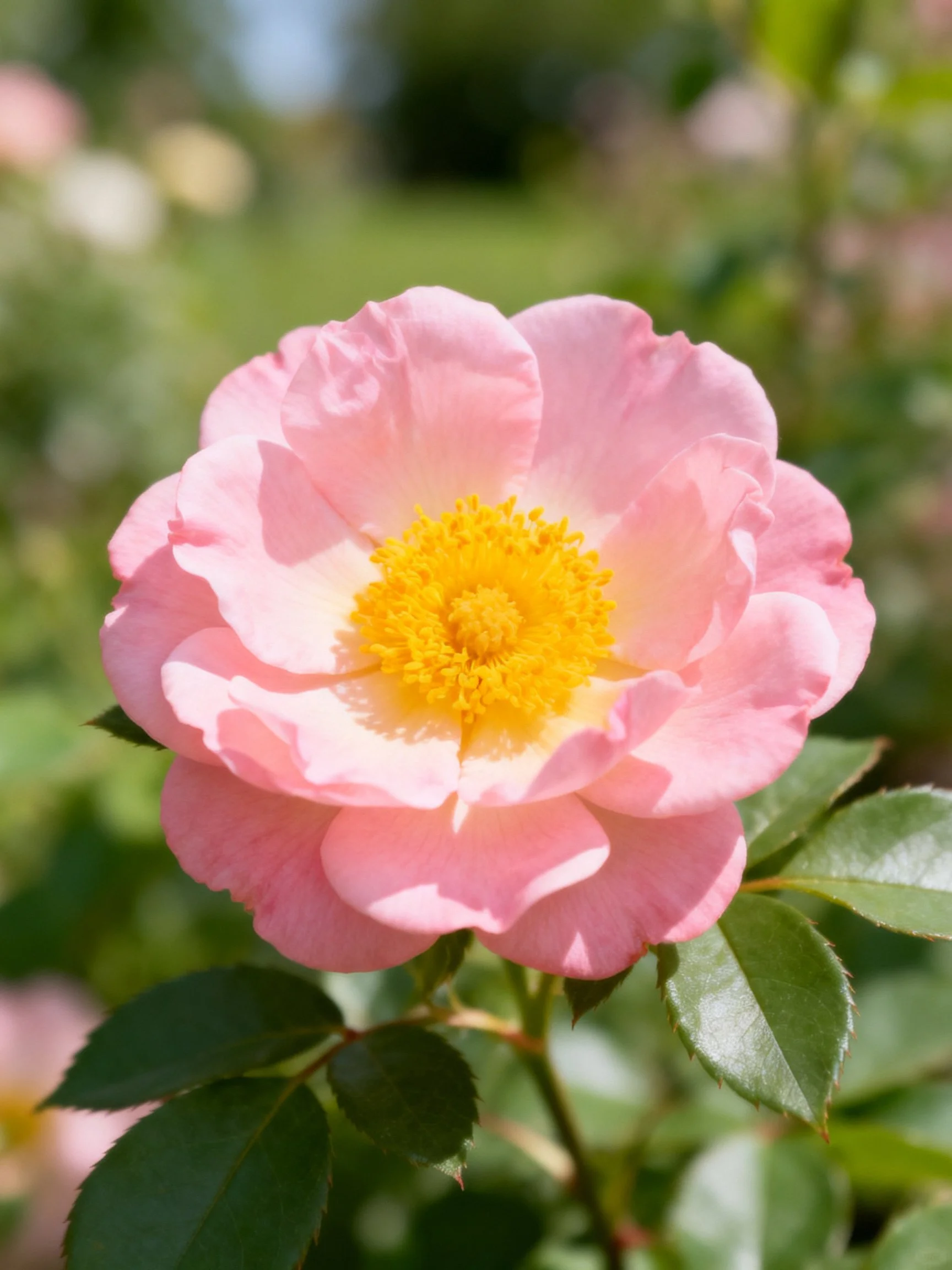 Pink rose with bright yellow center amidst green leaves