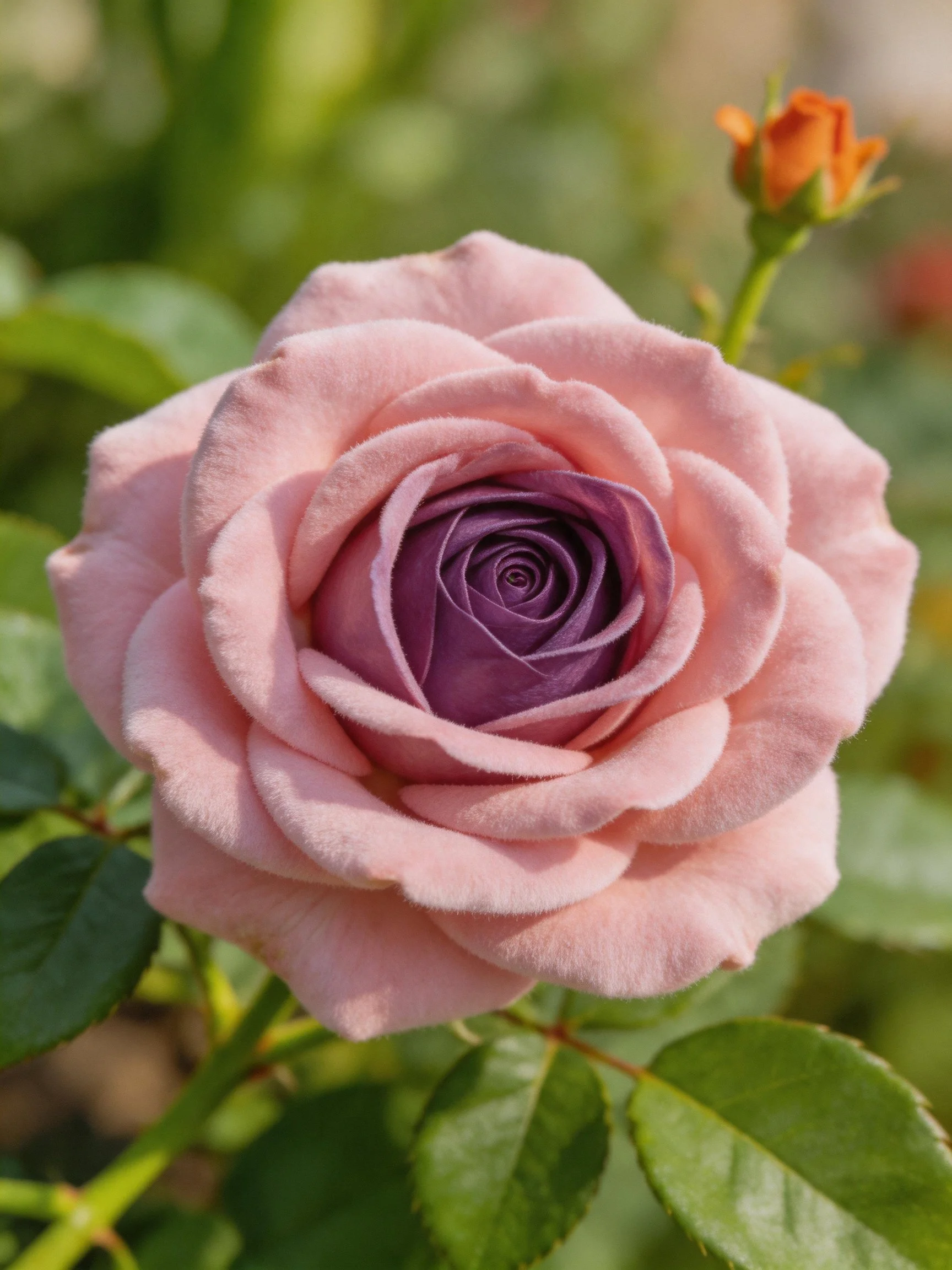 Pink rose with deep purple center, green leaves nearby