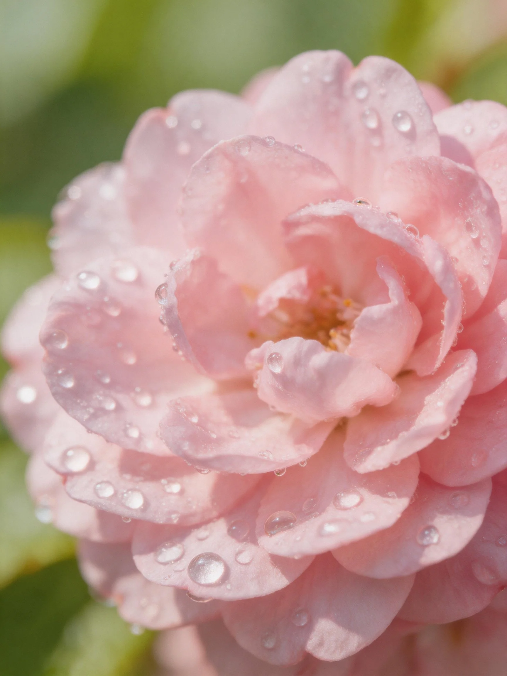 Pink rose with dew drops, layered petals, natural lighting