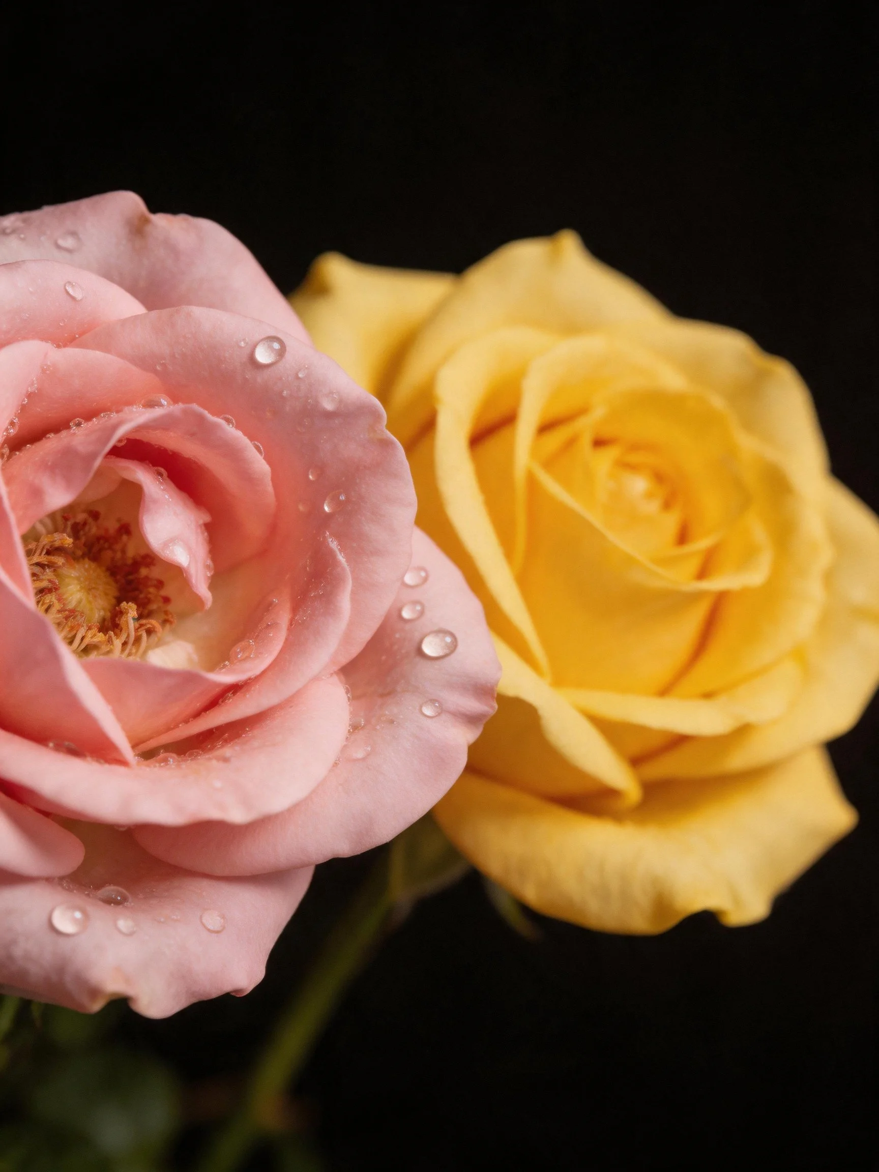 Pink rose with dewdrops beside a yellow rose on black background