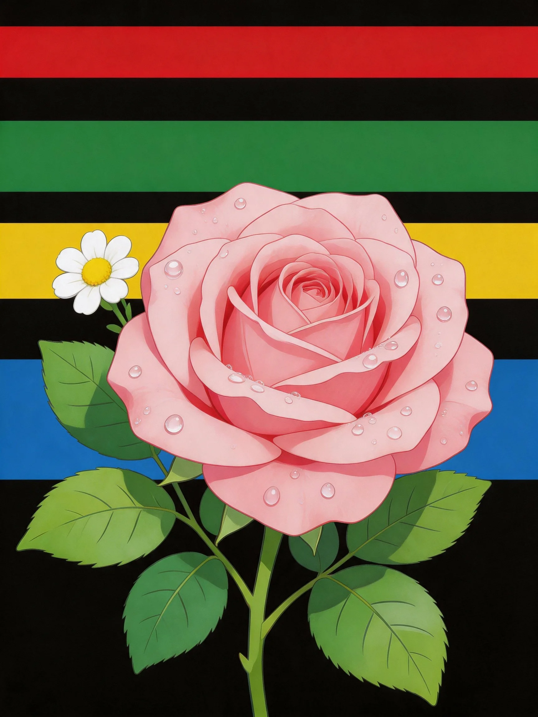 Pink rose with dewdrops, small white flower, red-black-green-yellow-blue-black stripes