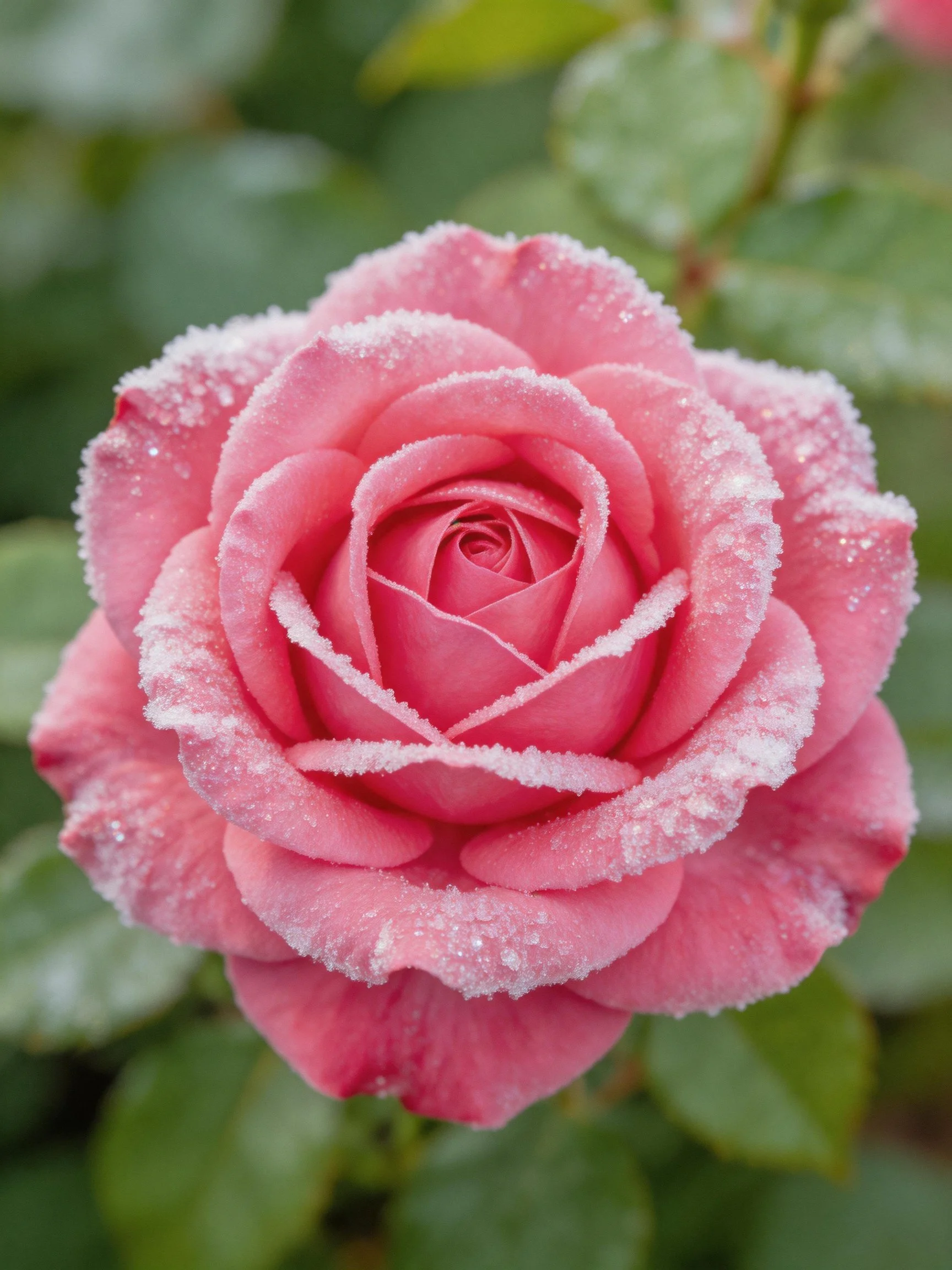 Pink rose with frost-dusted petals and green leaves