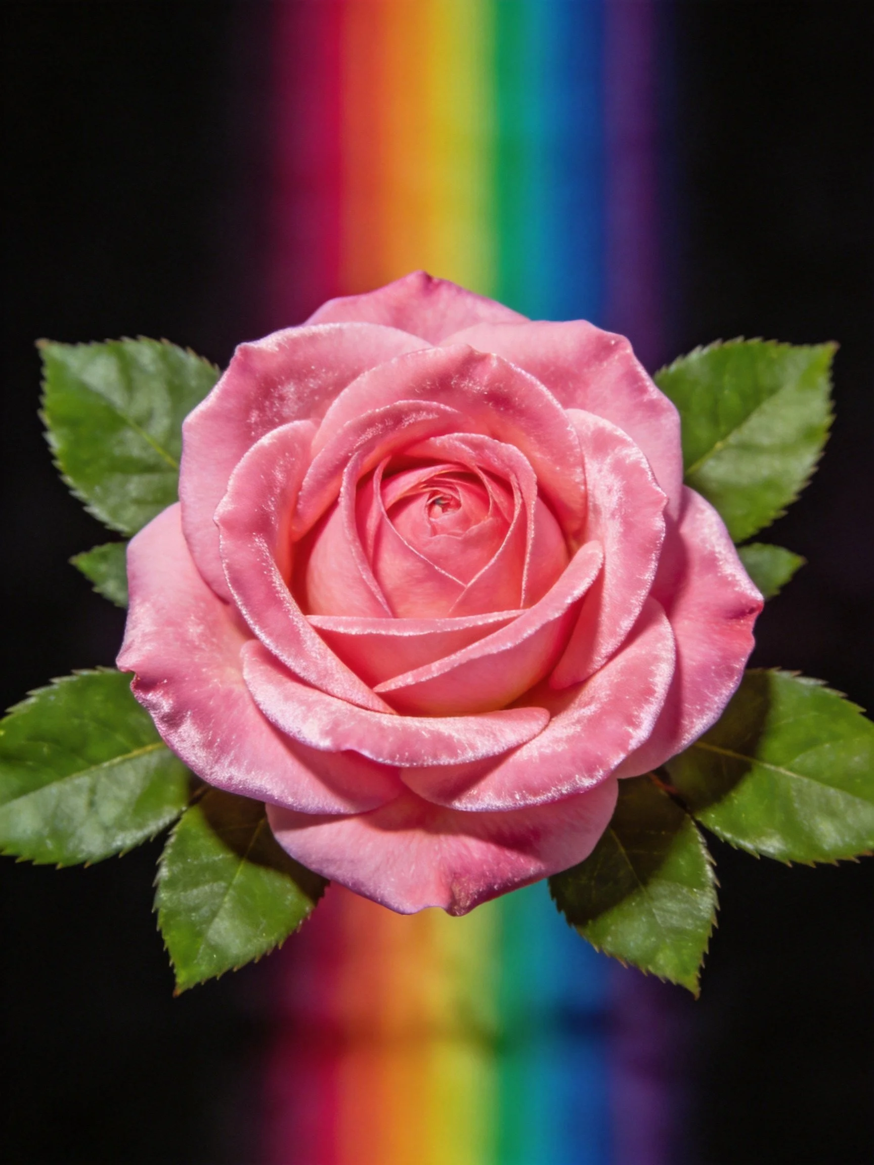 Pink rose with green leaves beside vertical rainbow stripe