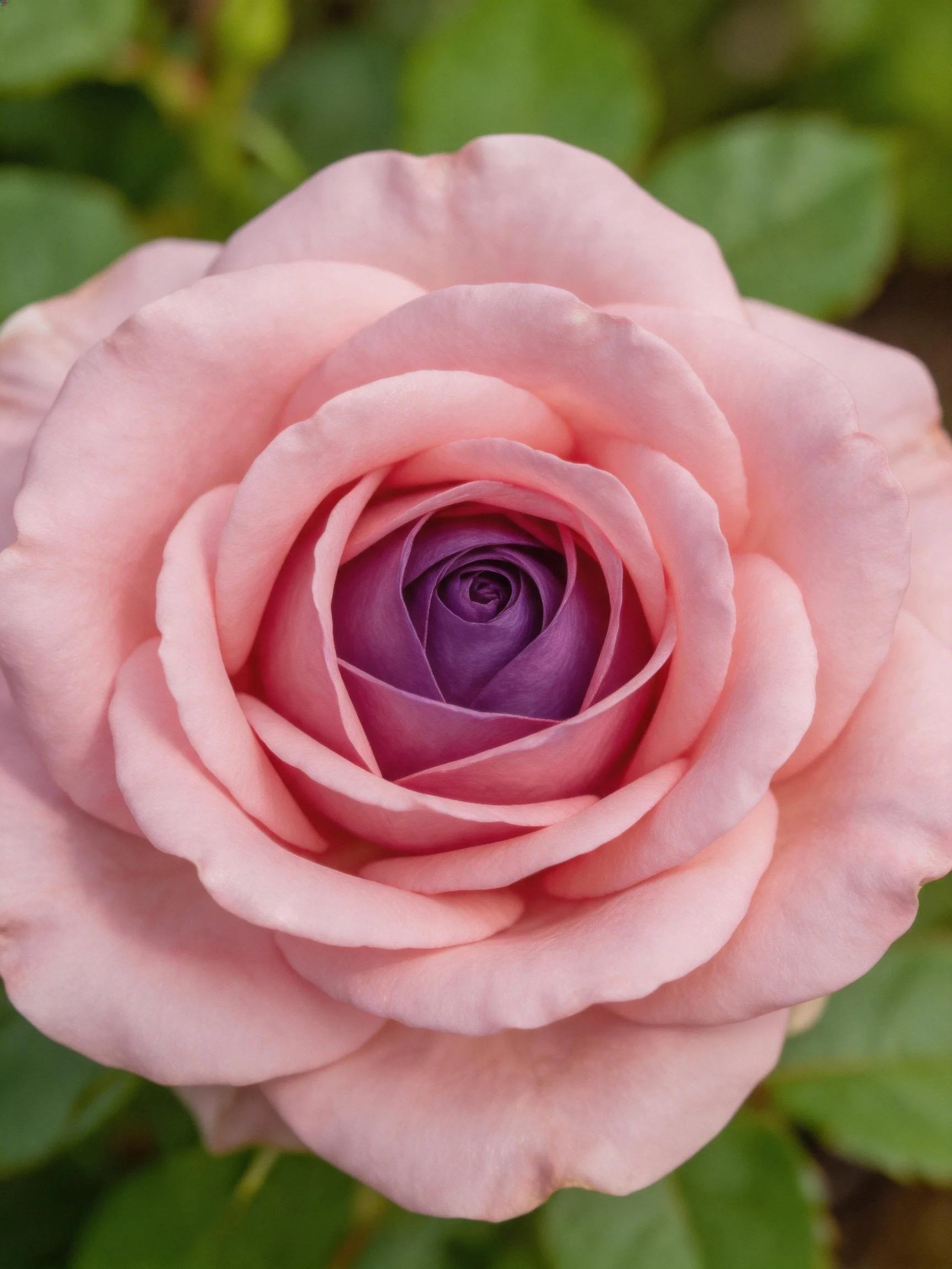 Pink rose with layered petals and a deep purple center, set against green leaves