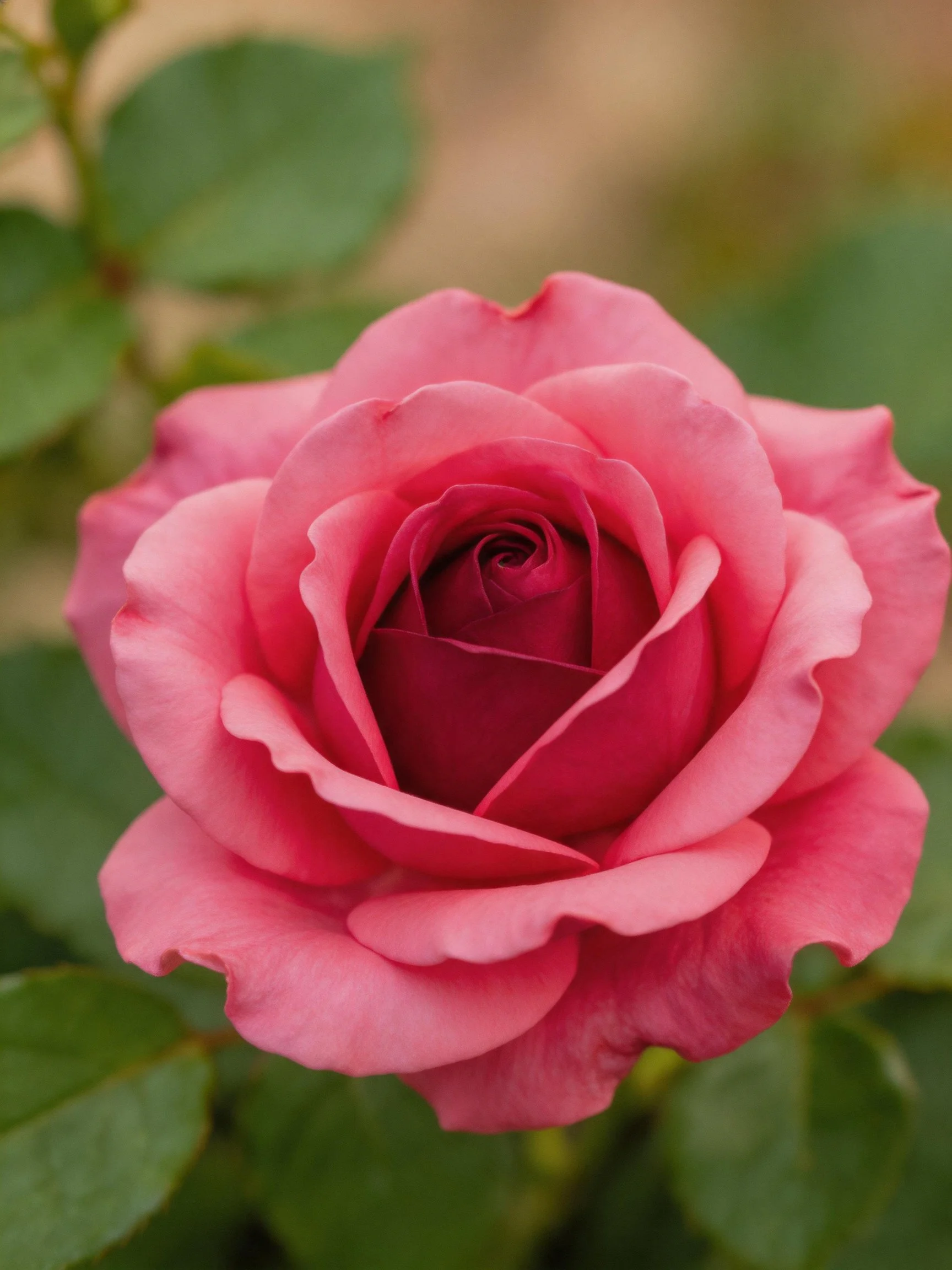 Pink rose with layered petals and green leaves