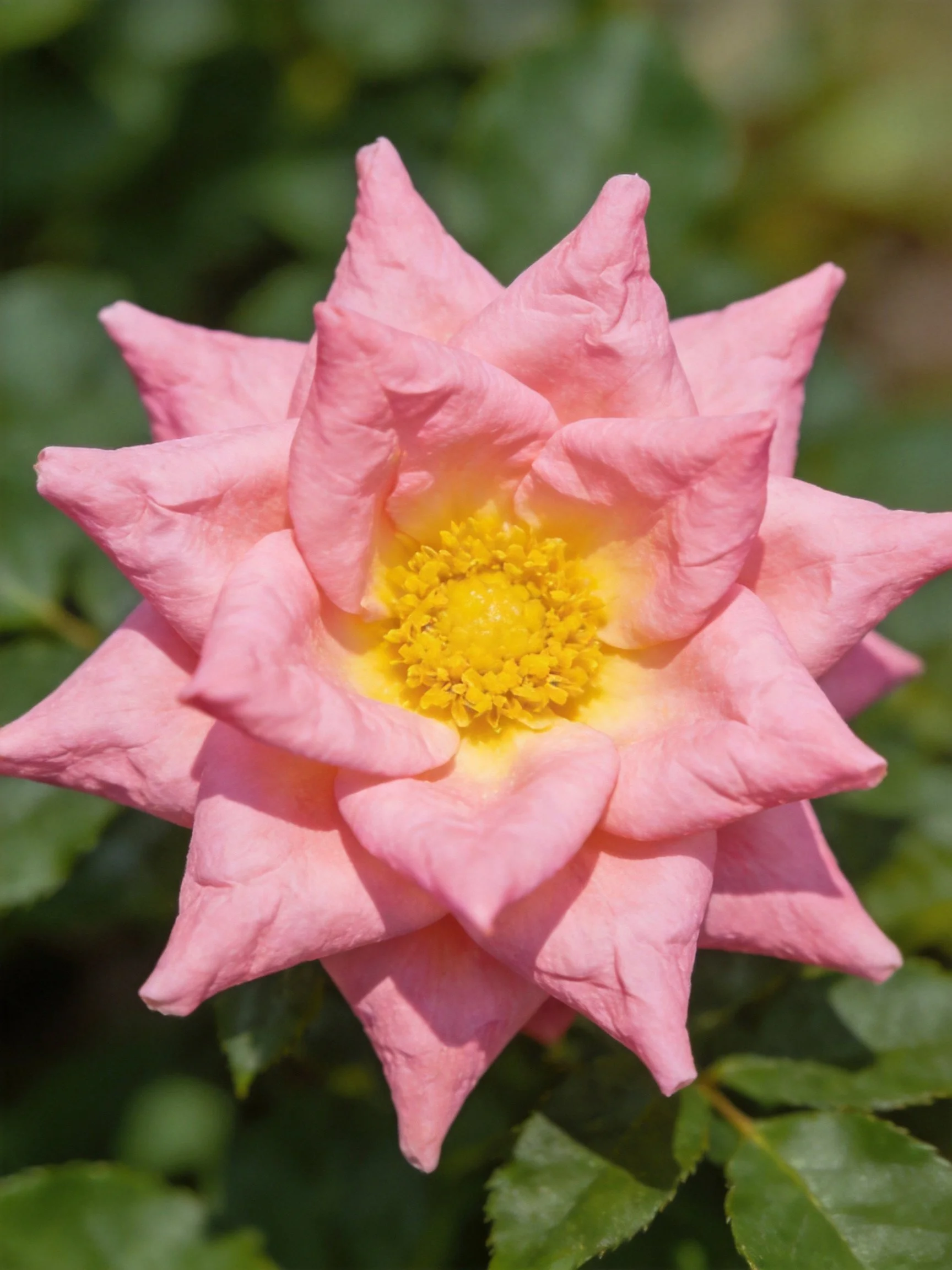 Pink rose with layered petals and yellow center