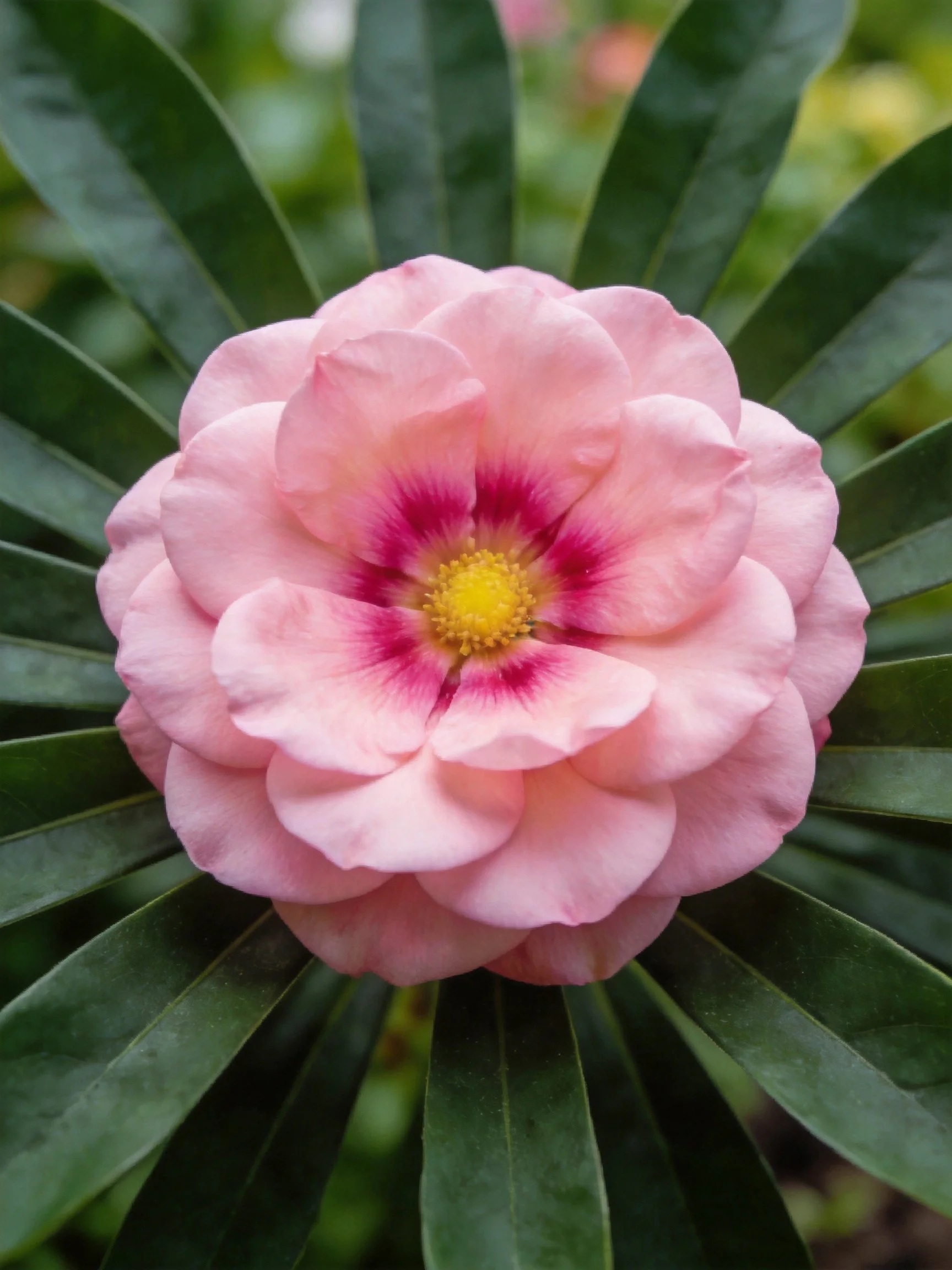 Pink rose with magenta center amid dark green fan leaves