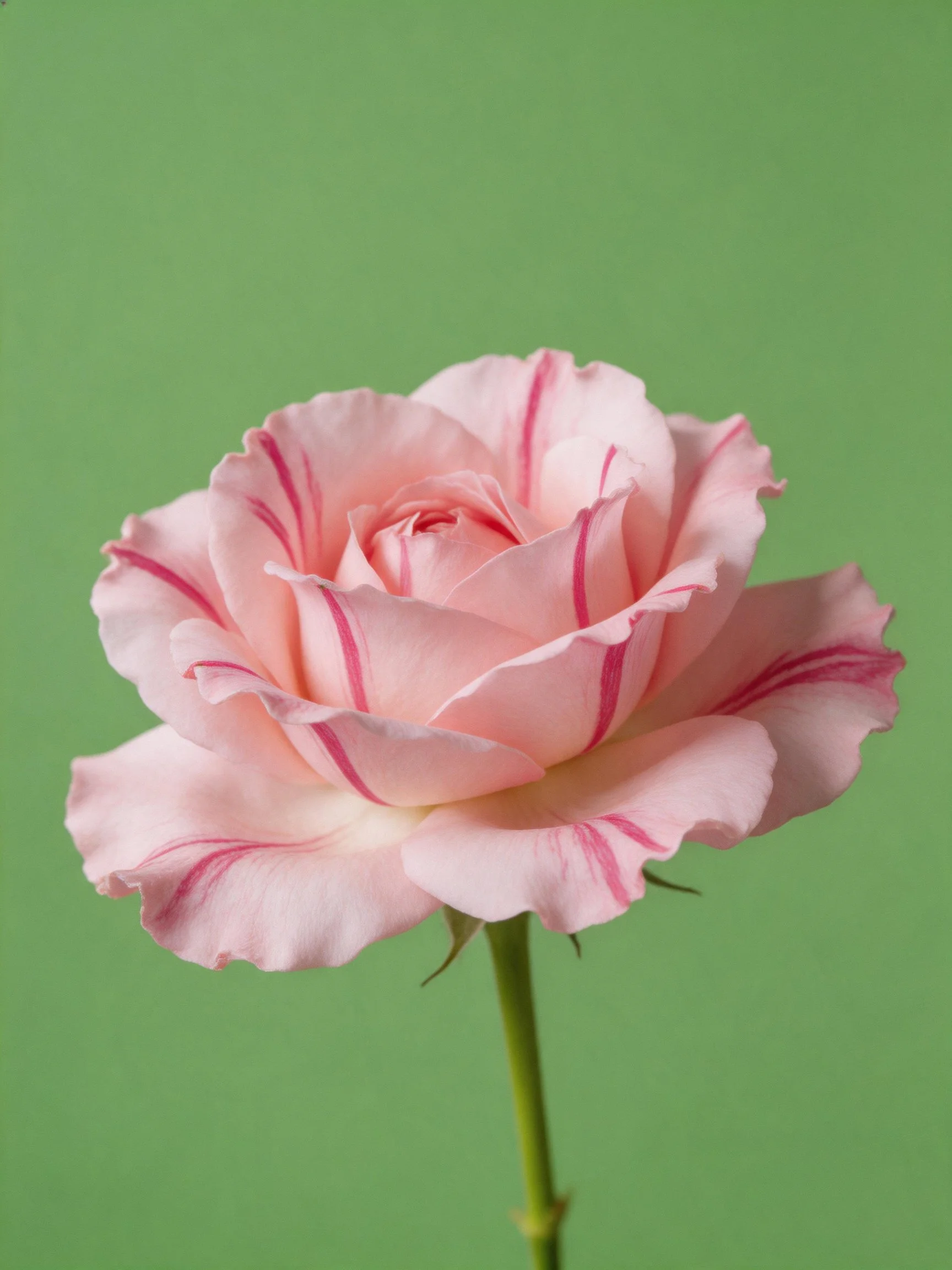 Pink rose with pink stripes, centered on green backdrop