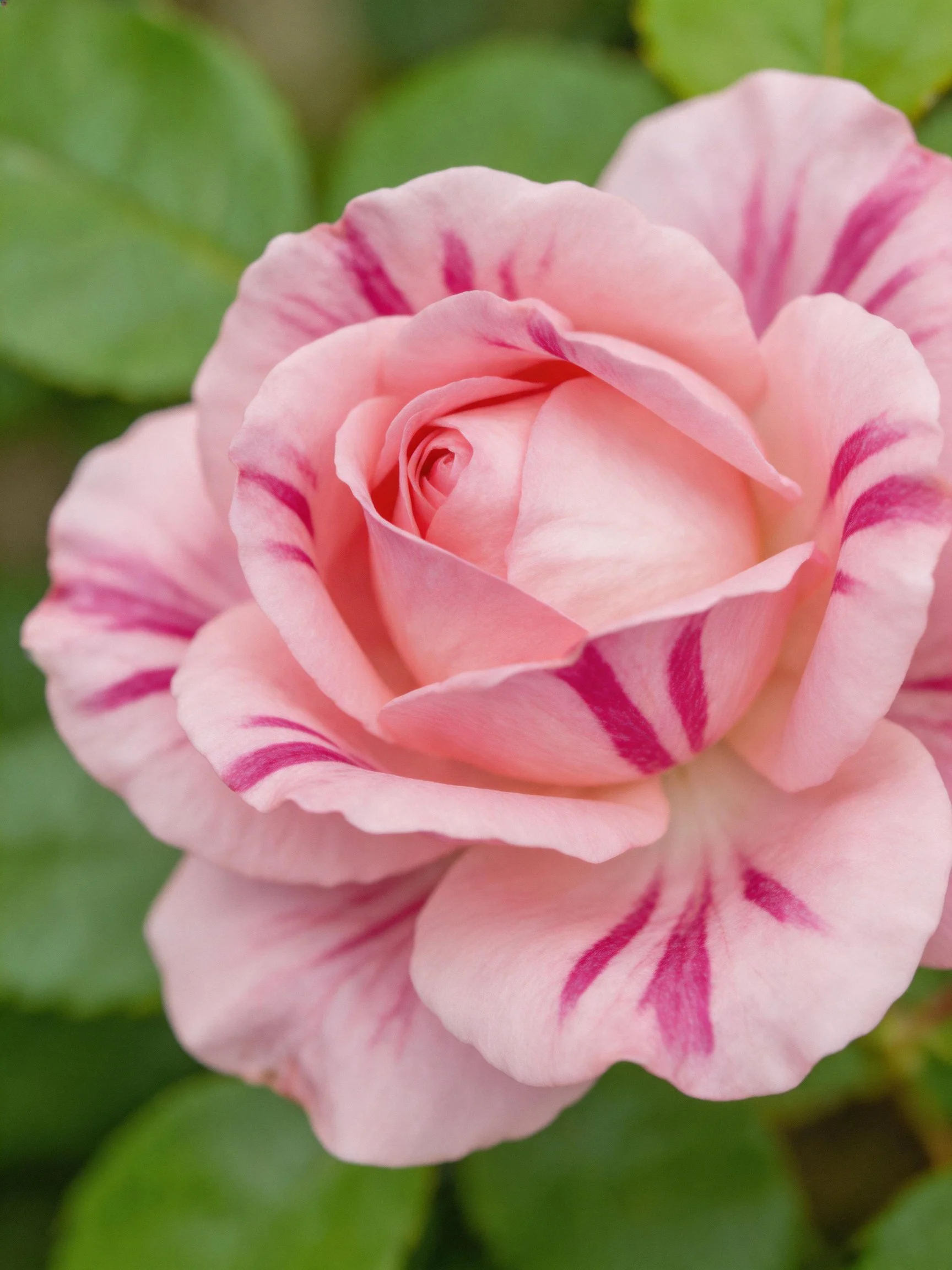 Pink rose with purple streaked petals amid green leaves