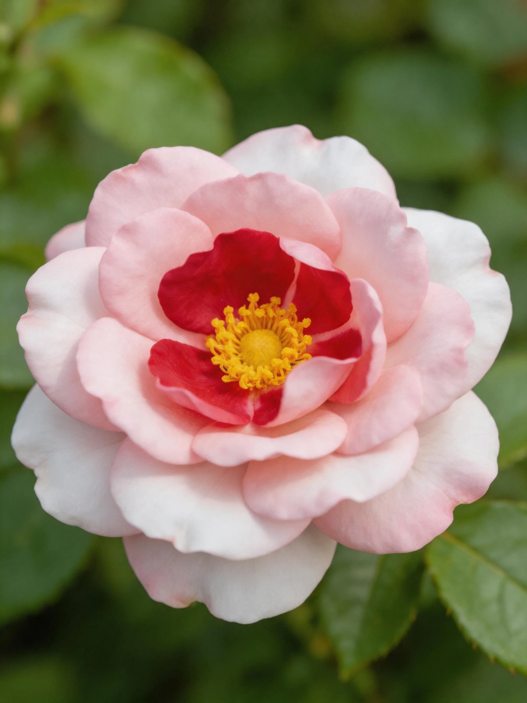 Pink rose with red center and yellow stamens