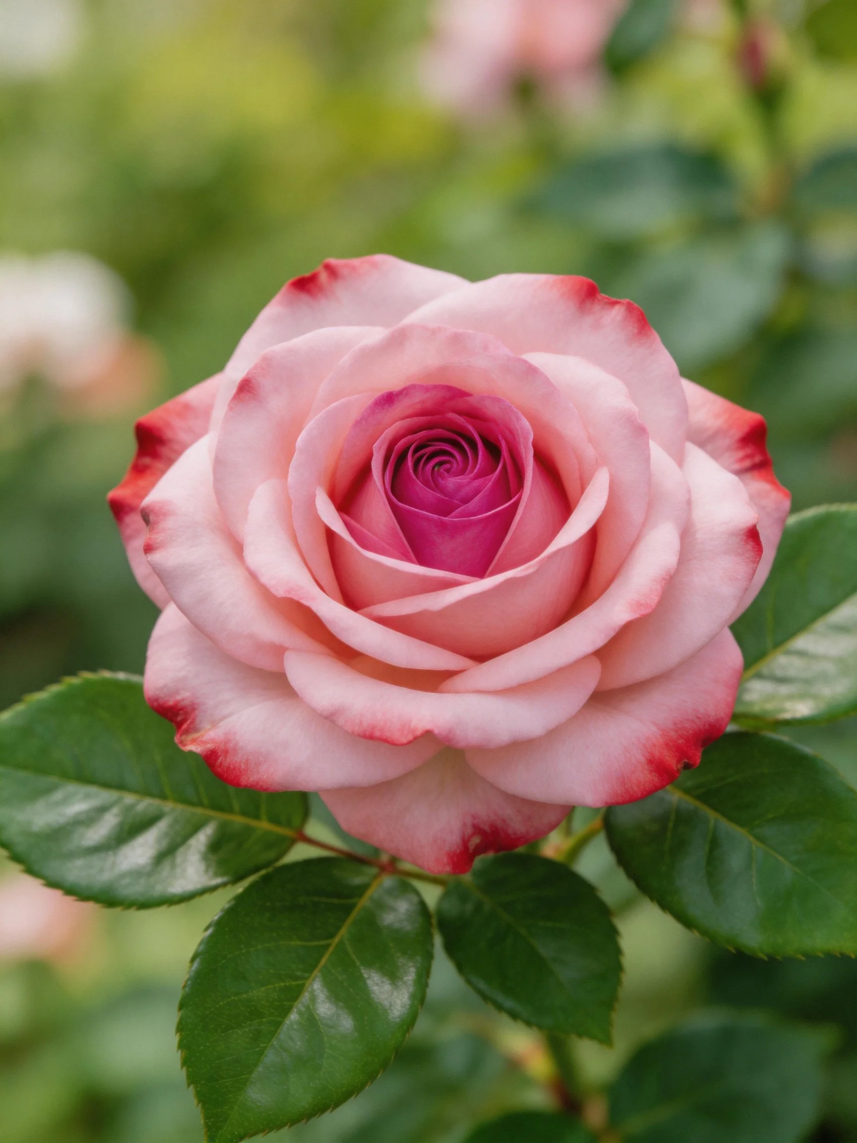 Pink rose with red-edged petals amidst green foliage