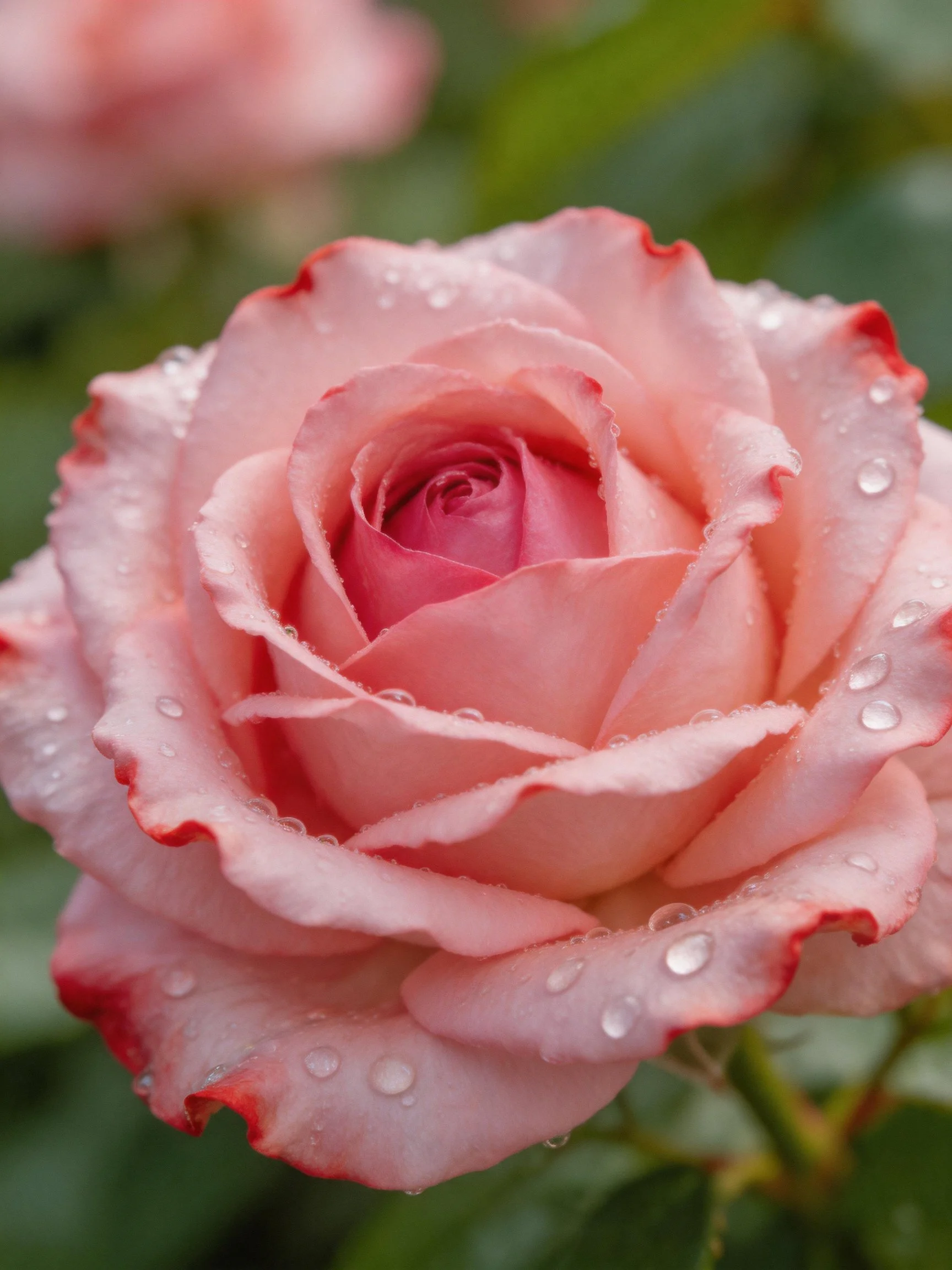 Pink rose with red-edged petals and water droplets