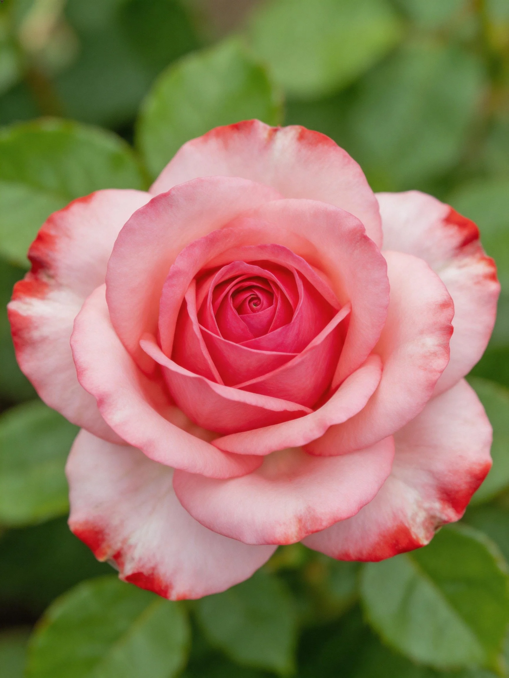 Pink rose with red-edged petals, surrounded by green leaves