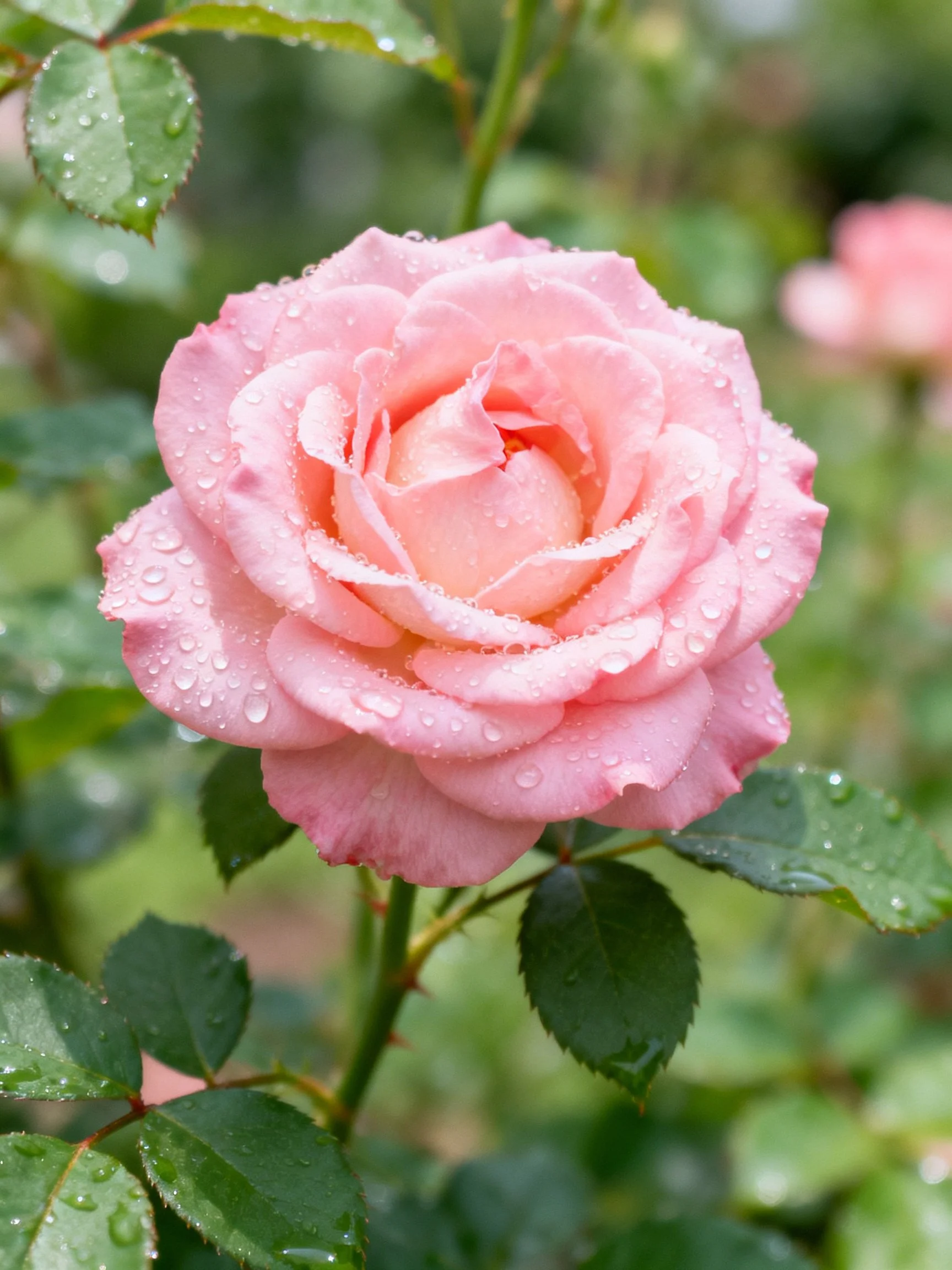 Pink rose with water droplets among green leaves
