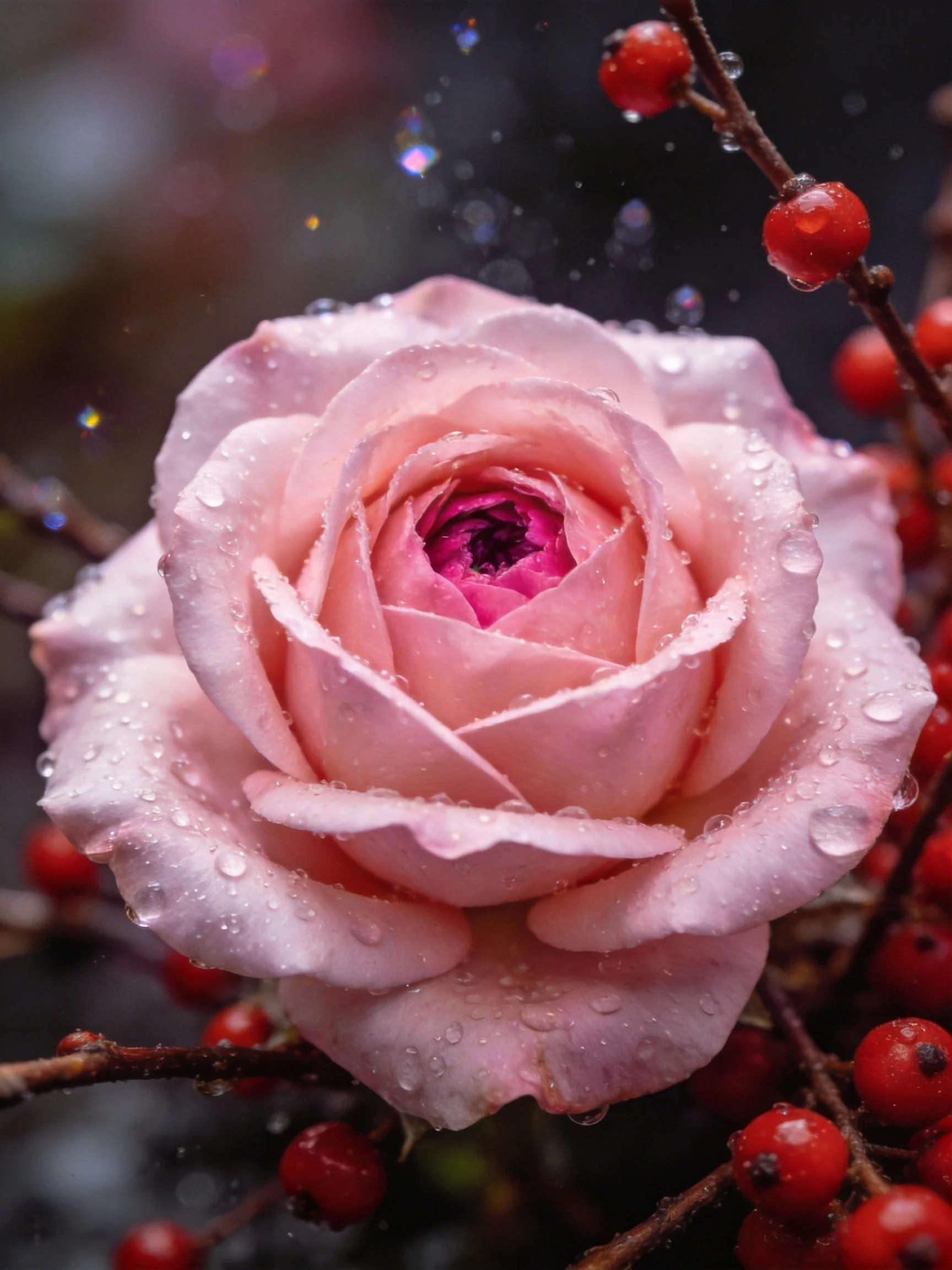 Pink rose with water droplets among red berries