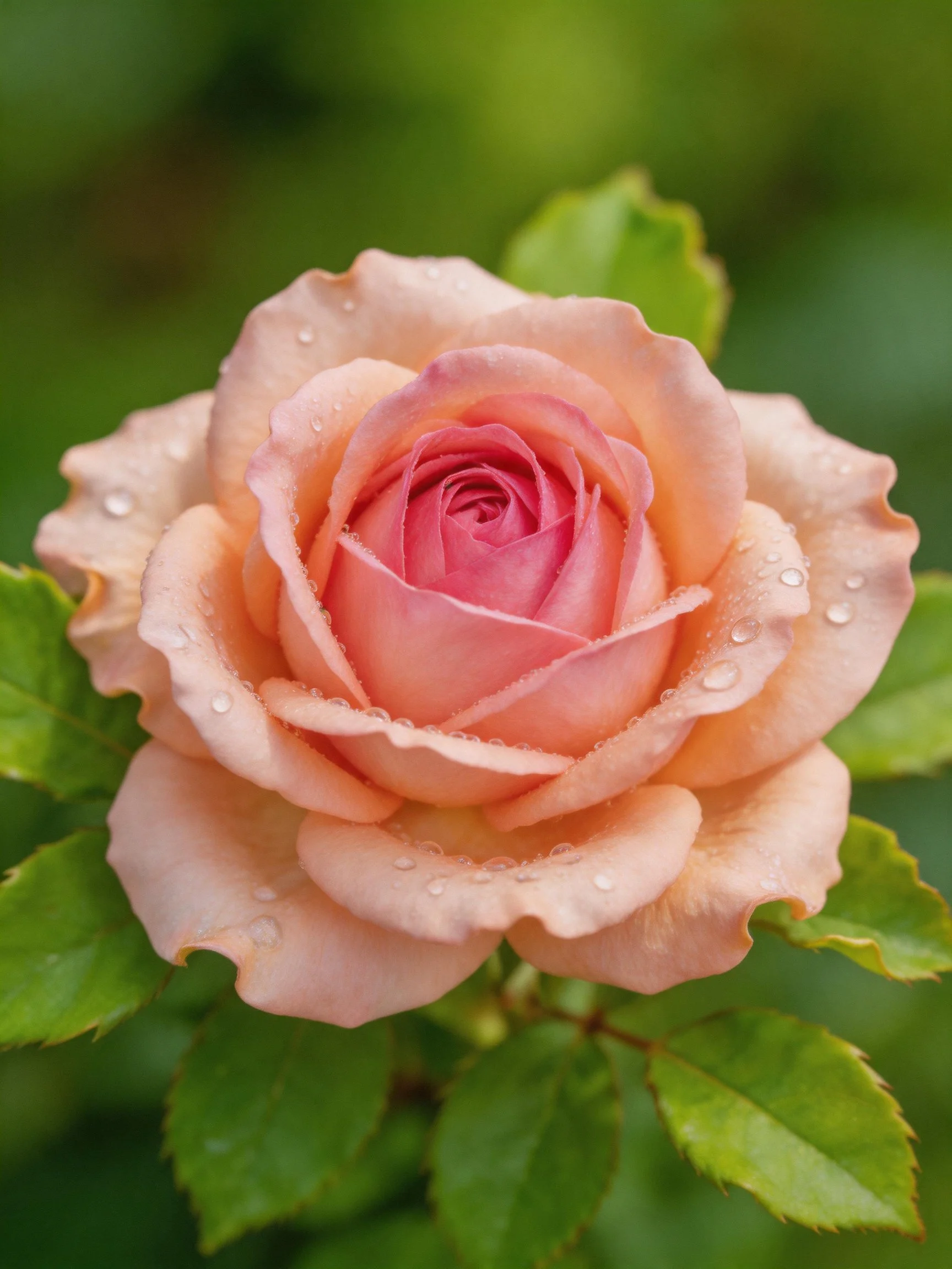 Pink rose with water droplets and green foliage