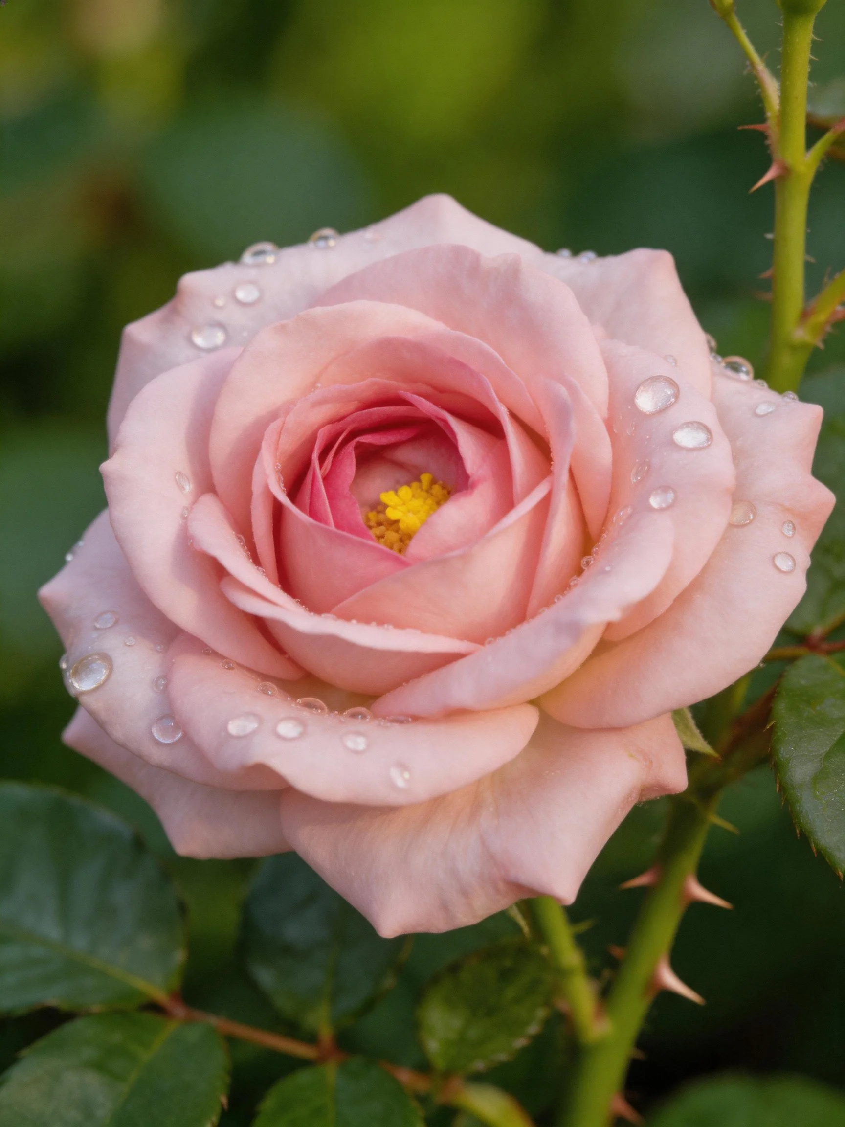 Pink rose with water droplets and green foliage