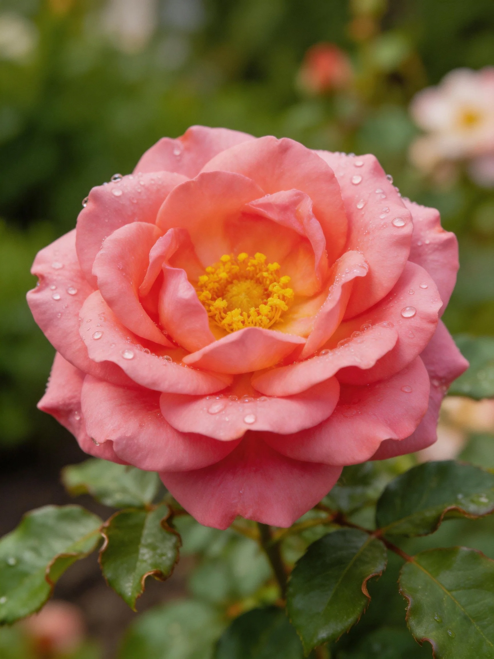 Pink rose with water droplets and green foliage
