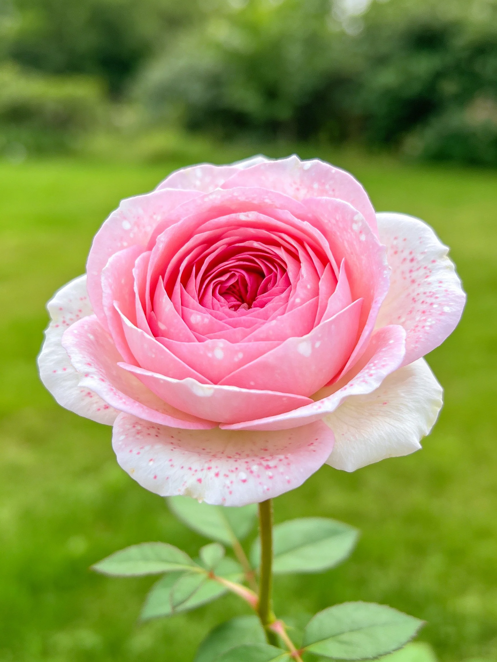 Pink rose with water droplets and green foliage