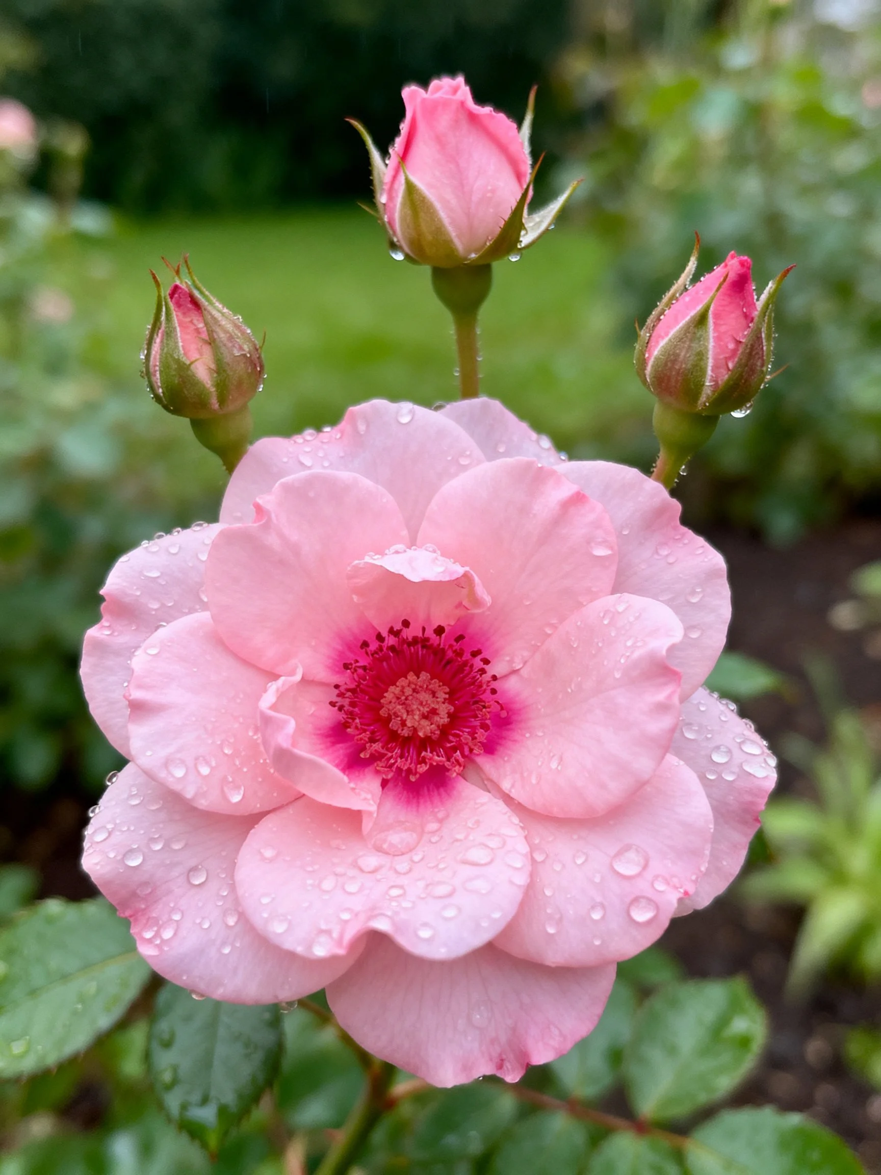 Pink rose with water droplets and three unopened buds