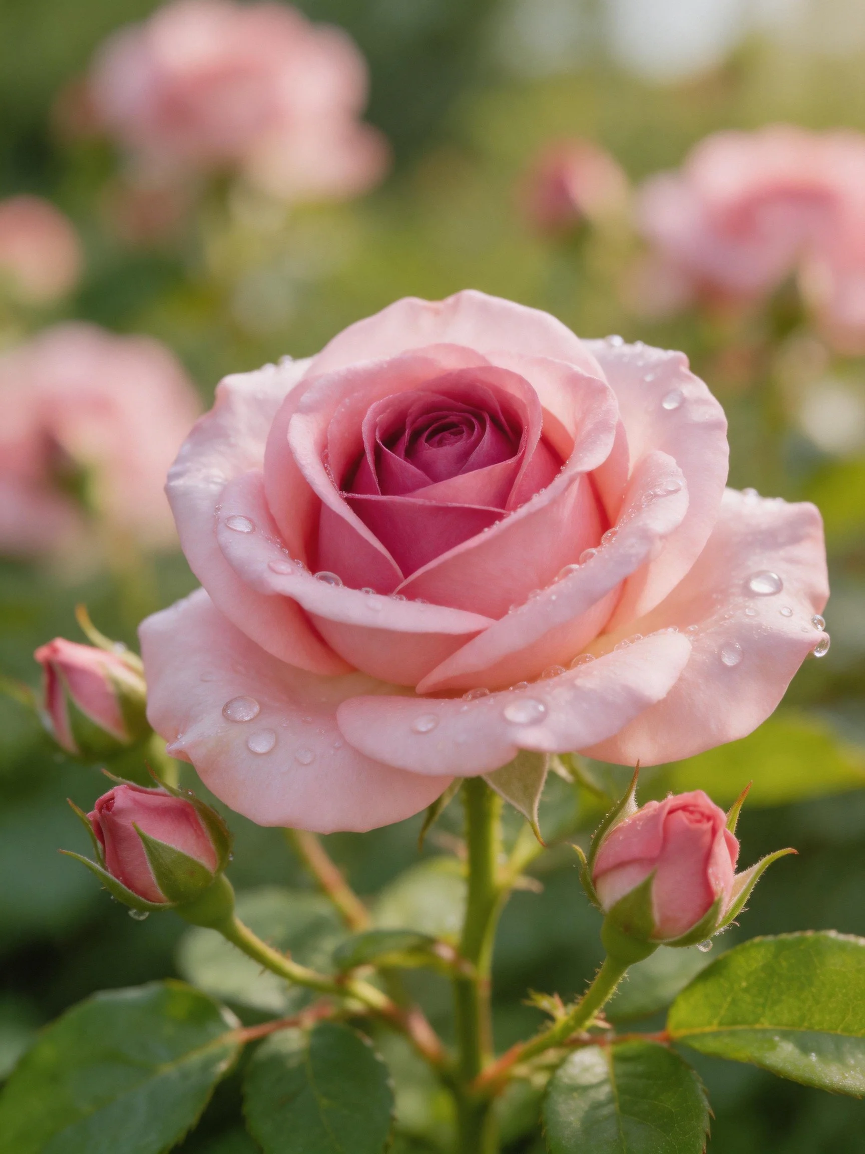 Pink rose with water droplets, buds, and green leaves