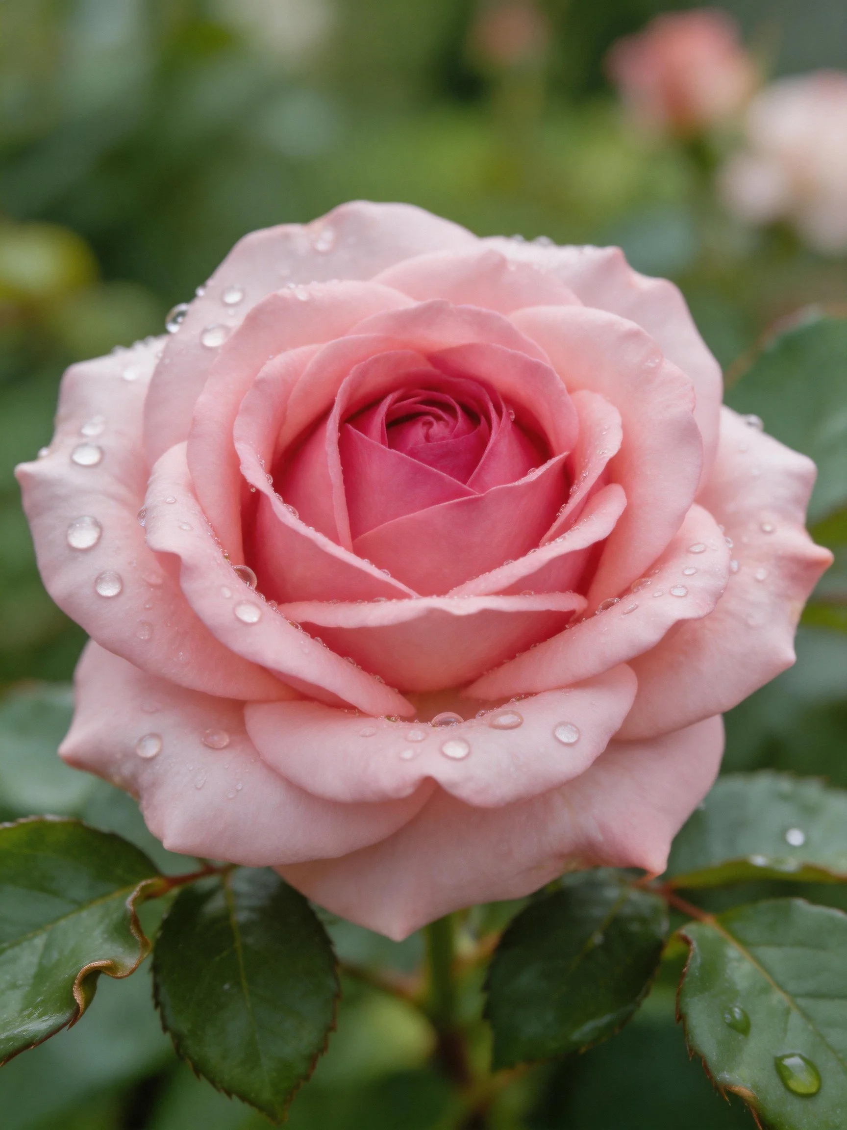 Pink rose with water droplets, green foliage surrounds