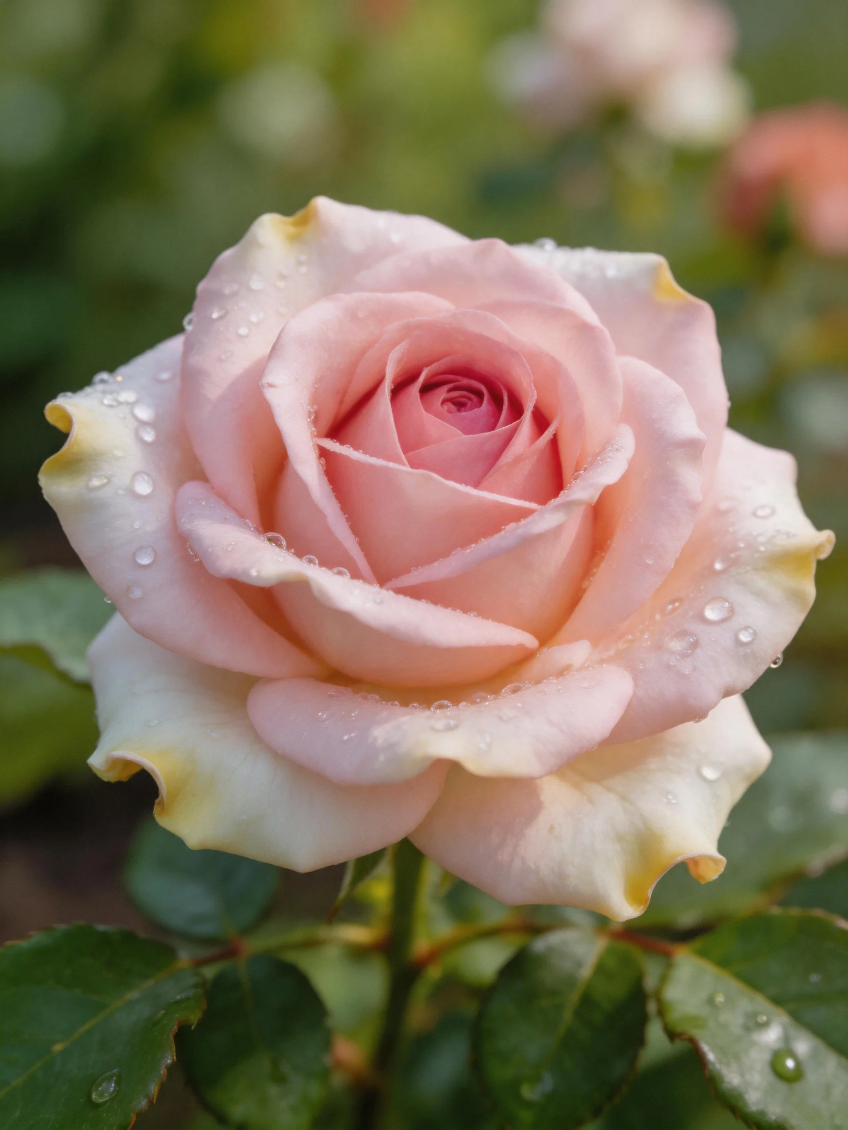 Pink rose with water droplets on petals