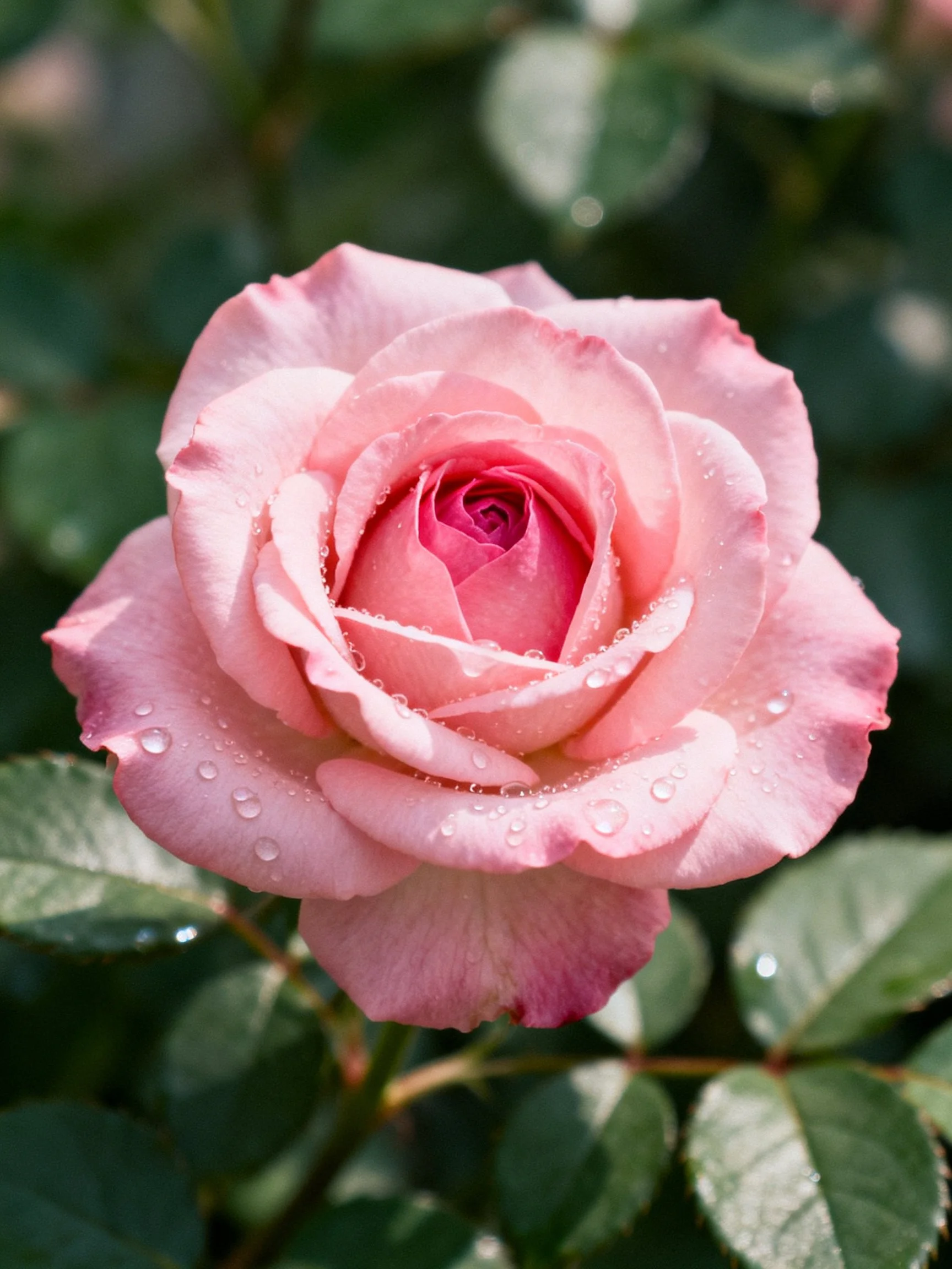 Pink rose with water droplets, surrounded by green leaves
