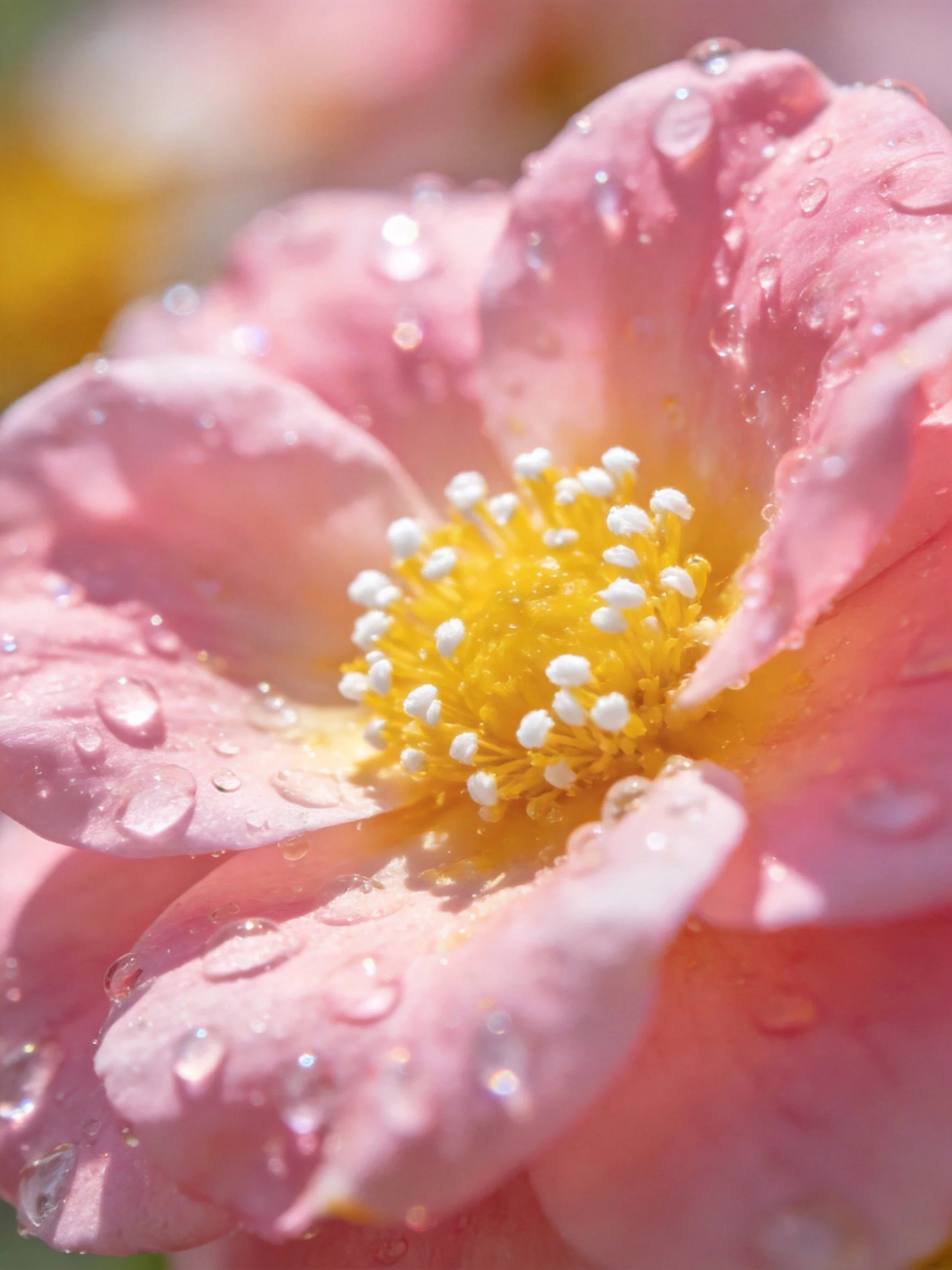 Pink rose with water droplets, vibrant yellow center, delicate petals.