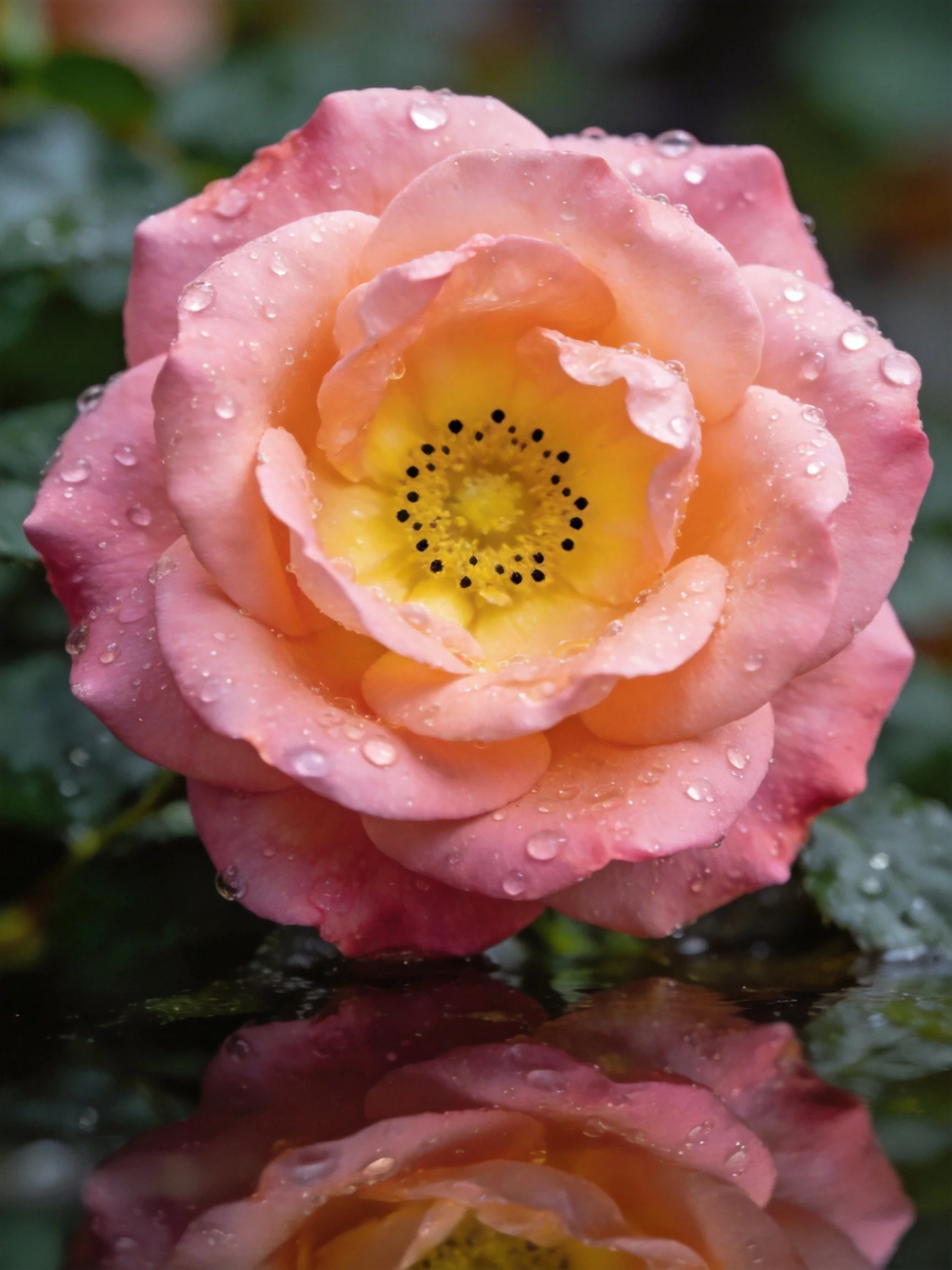 Pink rose with water droplets, yellow center, and water reflection