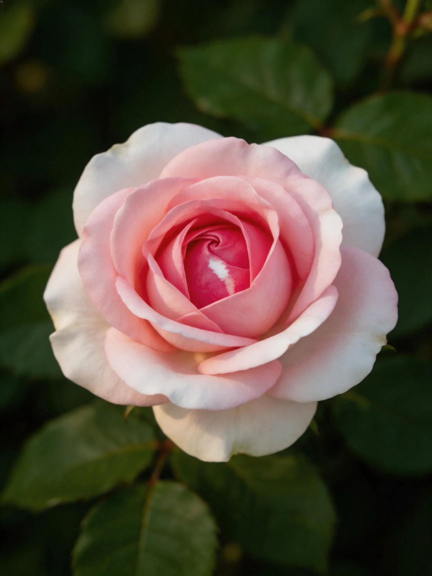 Pink rose with white outer petals and dark green leaves