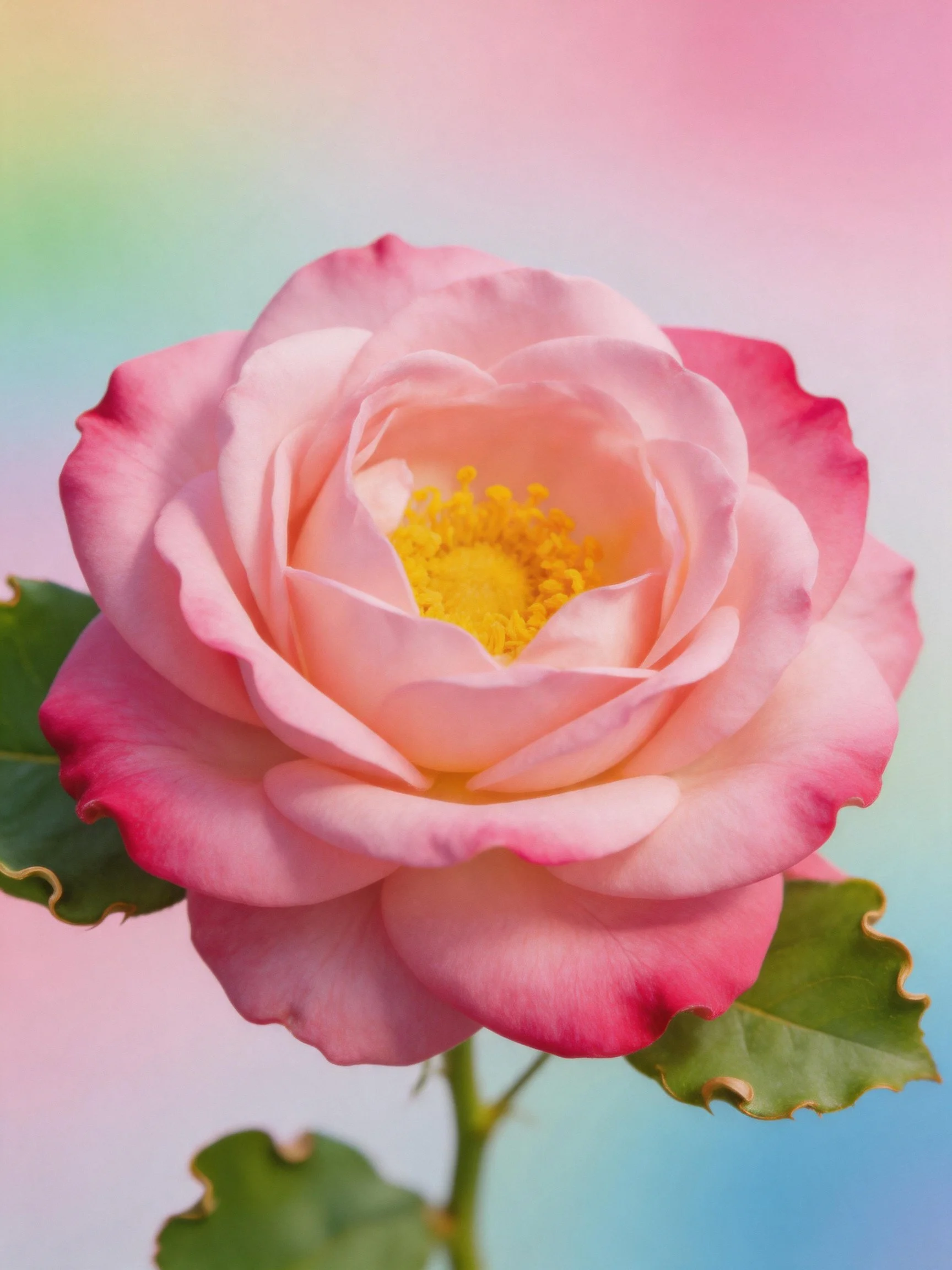 Pink rose with yellow center against pastel gradient background