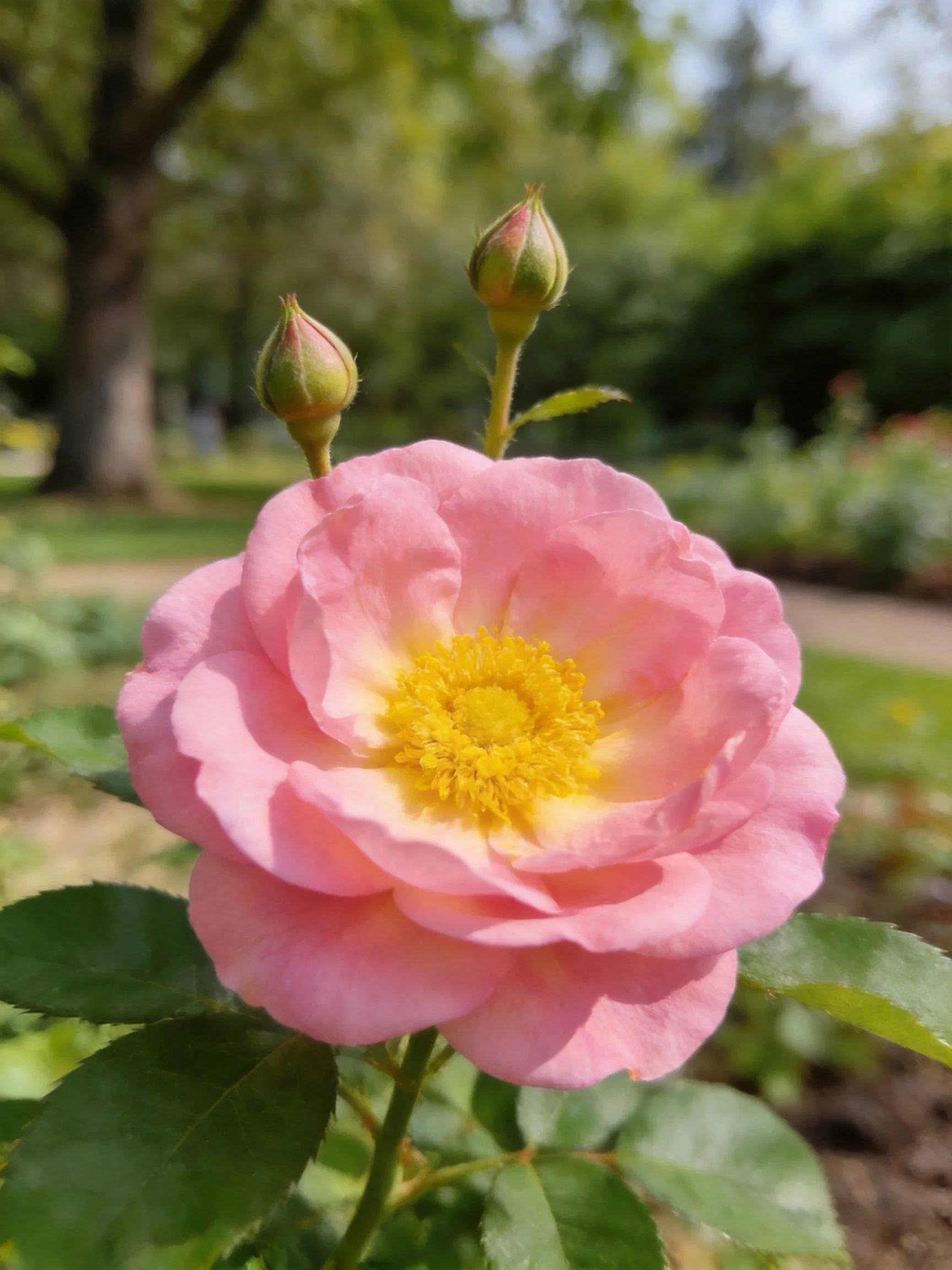 Pink rose with yellow center and two buds in a sunlit garden
