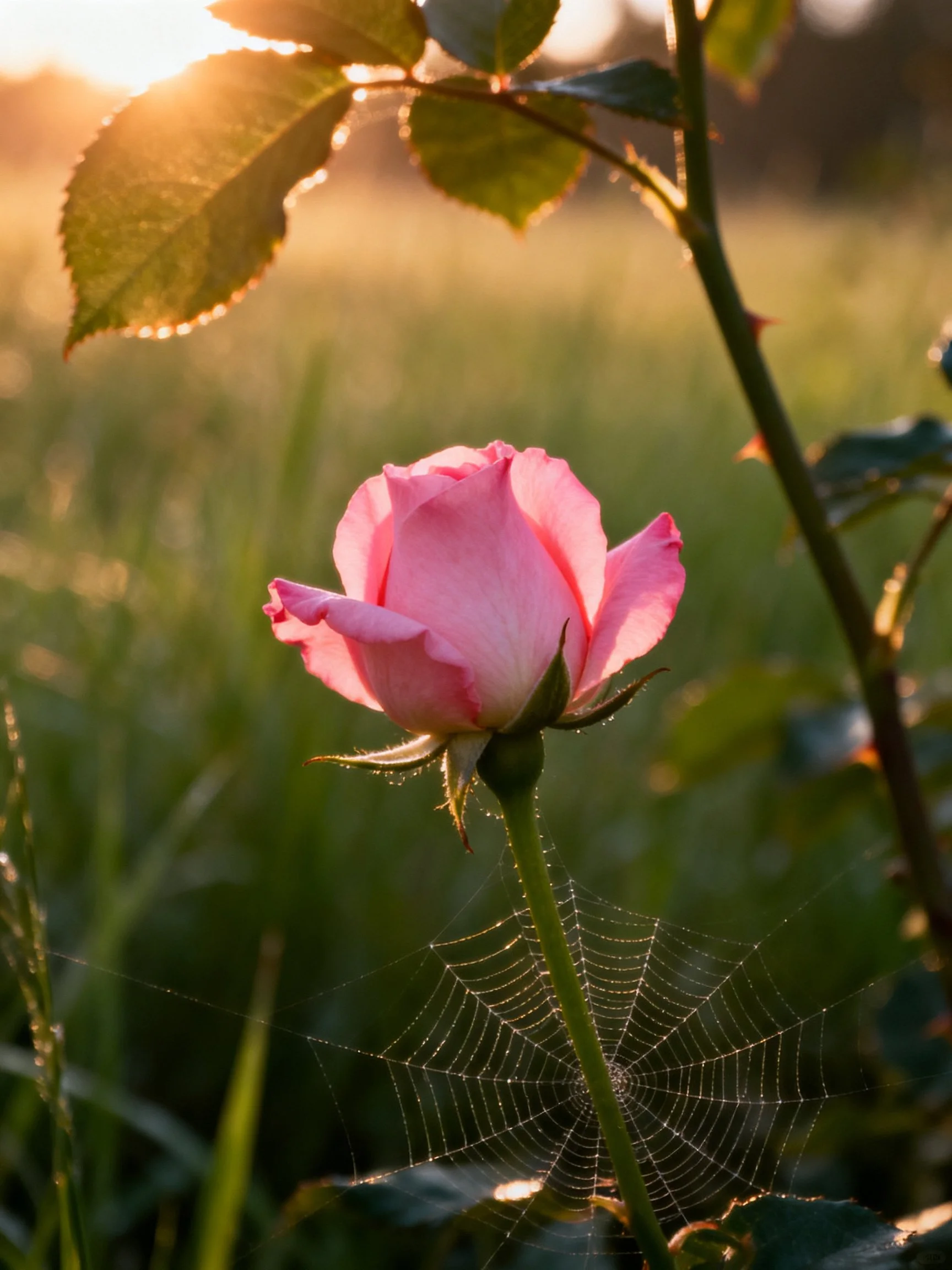 Pink rosebud with dewy spider web in golden sunlight