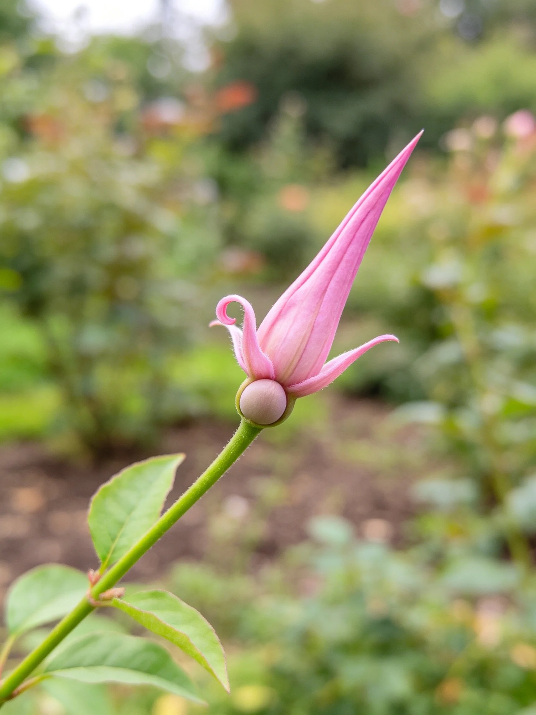 Pink rosebud with pointed petals and green stem