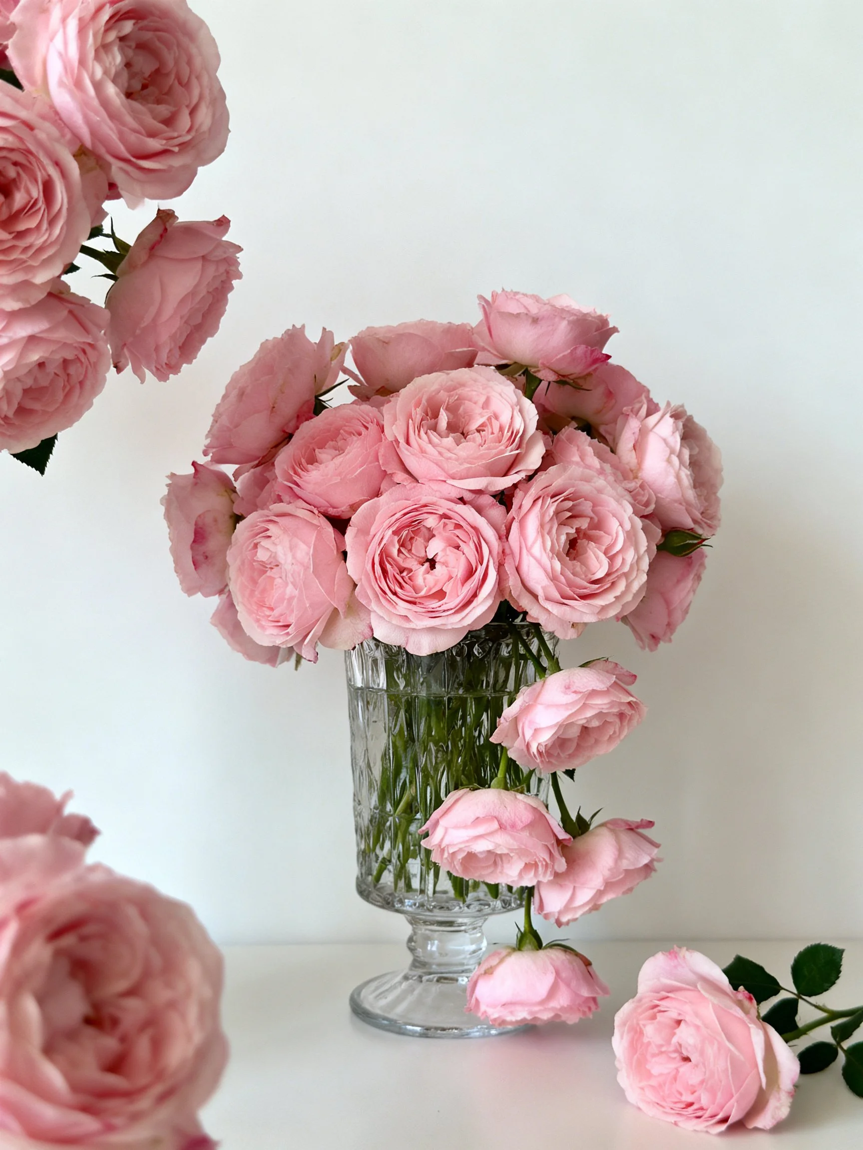 Pink roses arranged in a crystal vase with scattered blooms