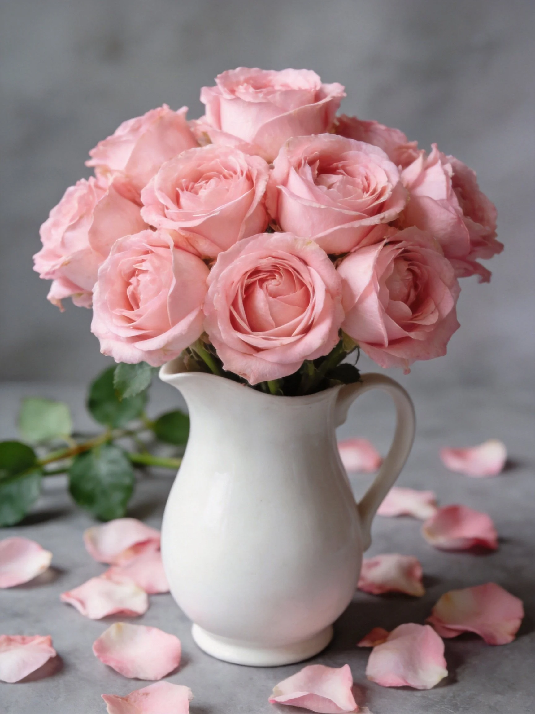 Pink roses arranged in a white ceramic pitcher with scattered petals