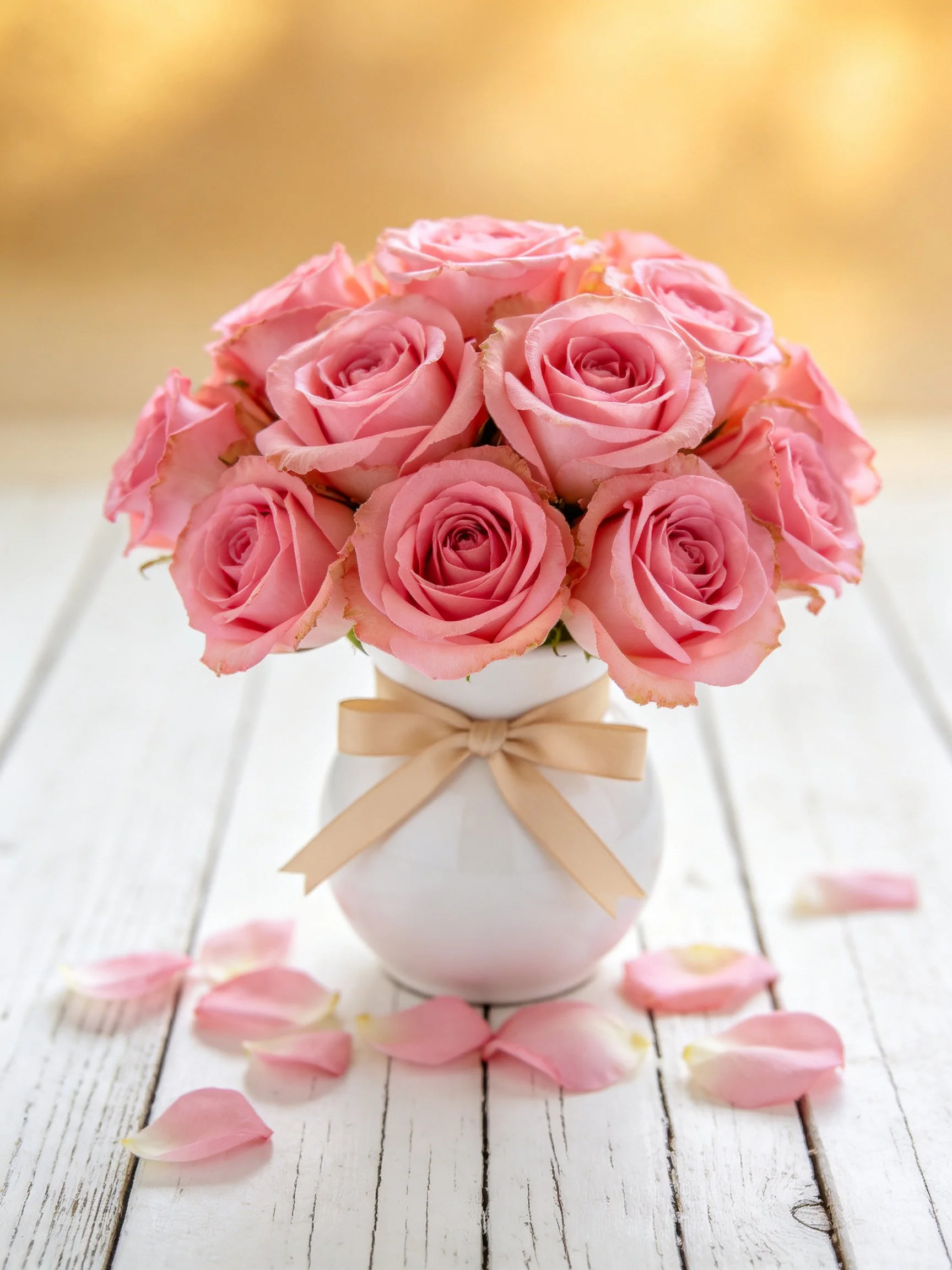 Pink roses arranged in a white vase with scattered petals on a wooden surface