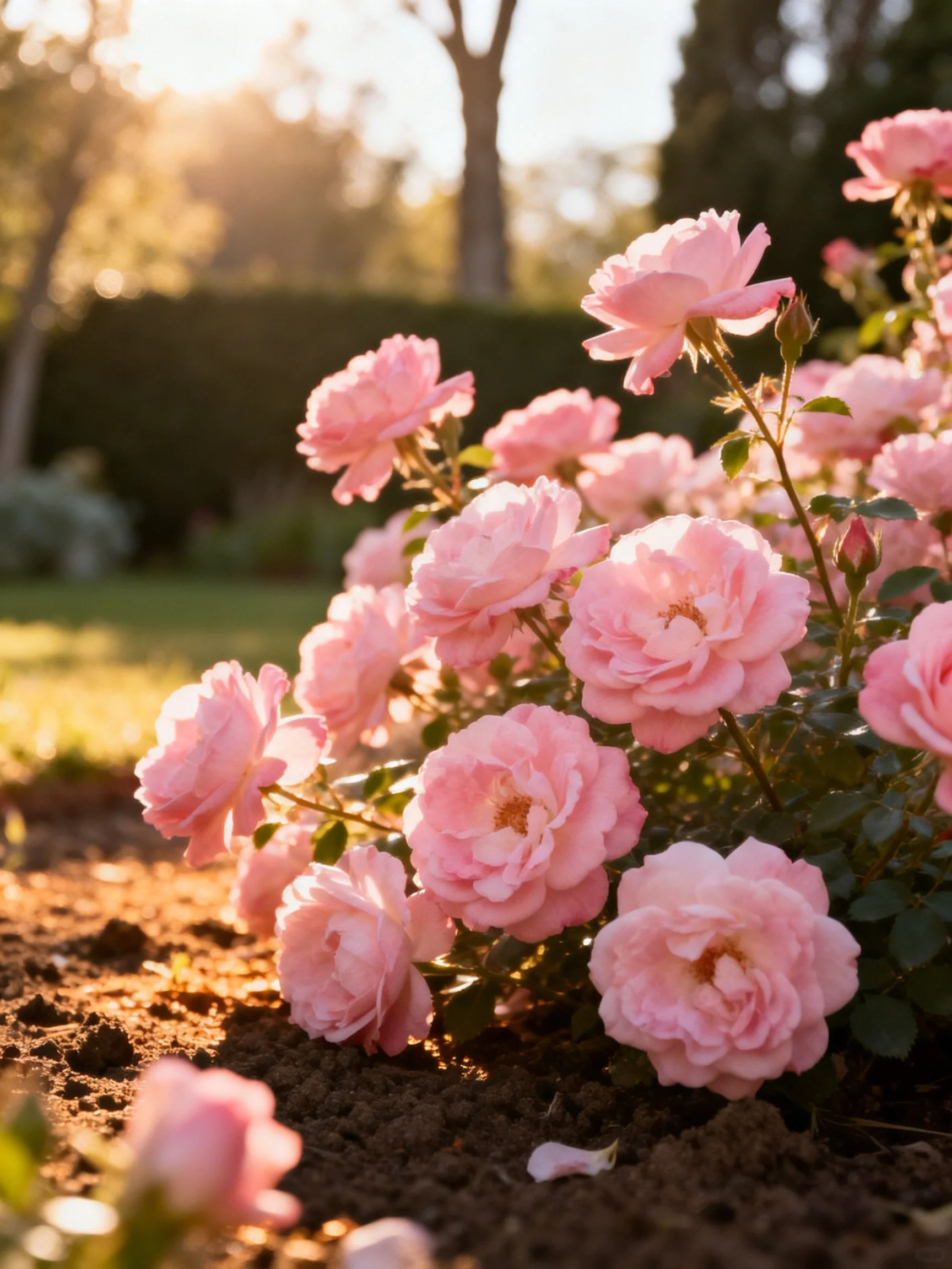 Pink roses bloom abundantly in a sunlit garden with greenery