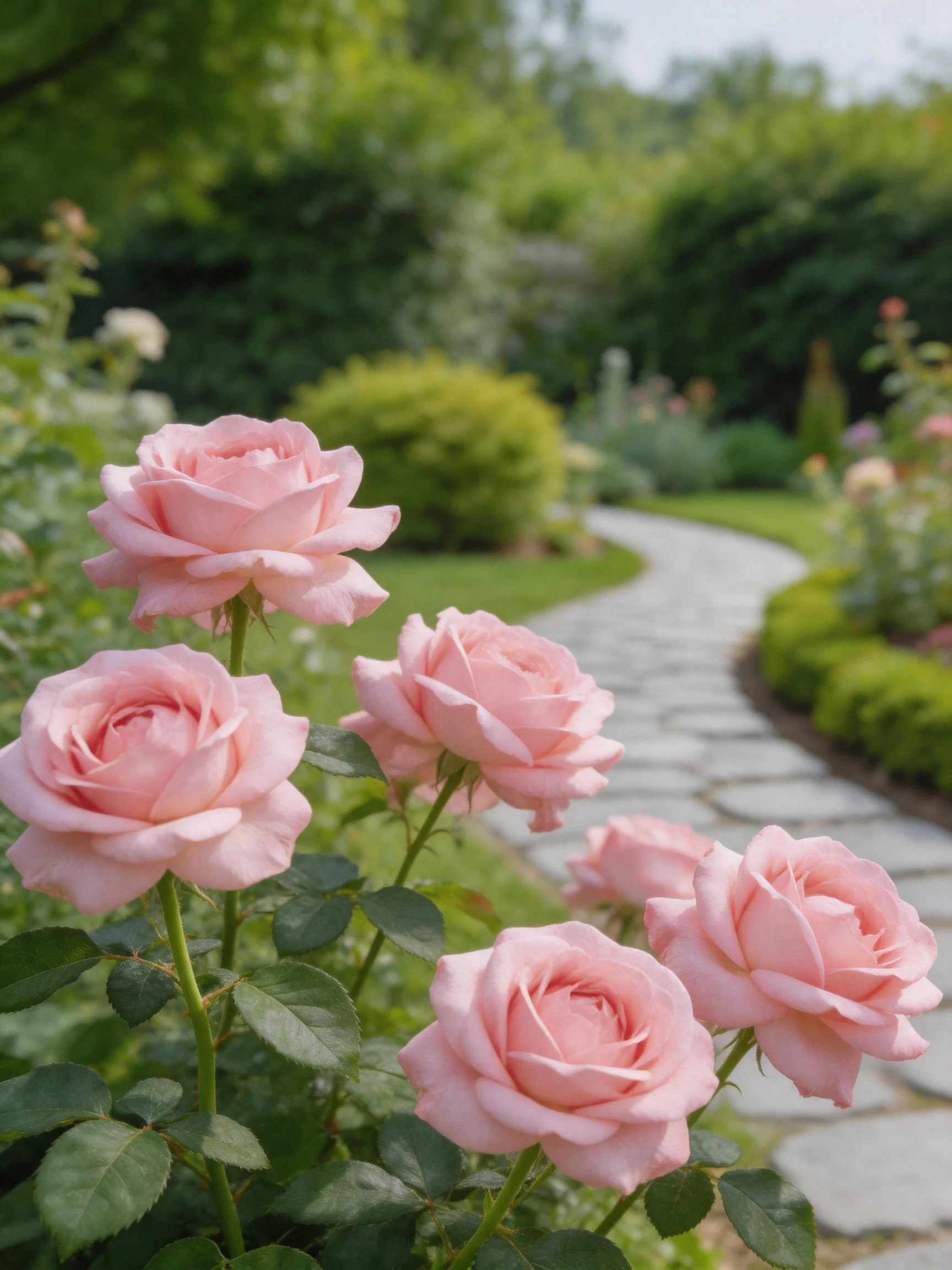 Pink roses bloom near a winding stone garden path