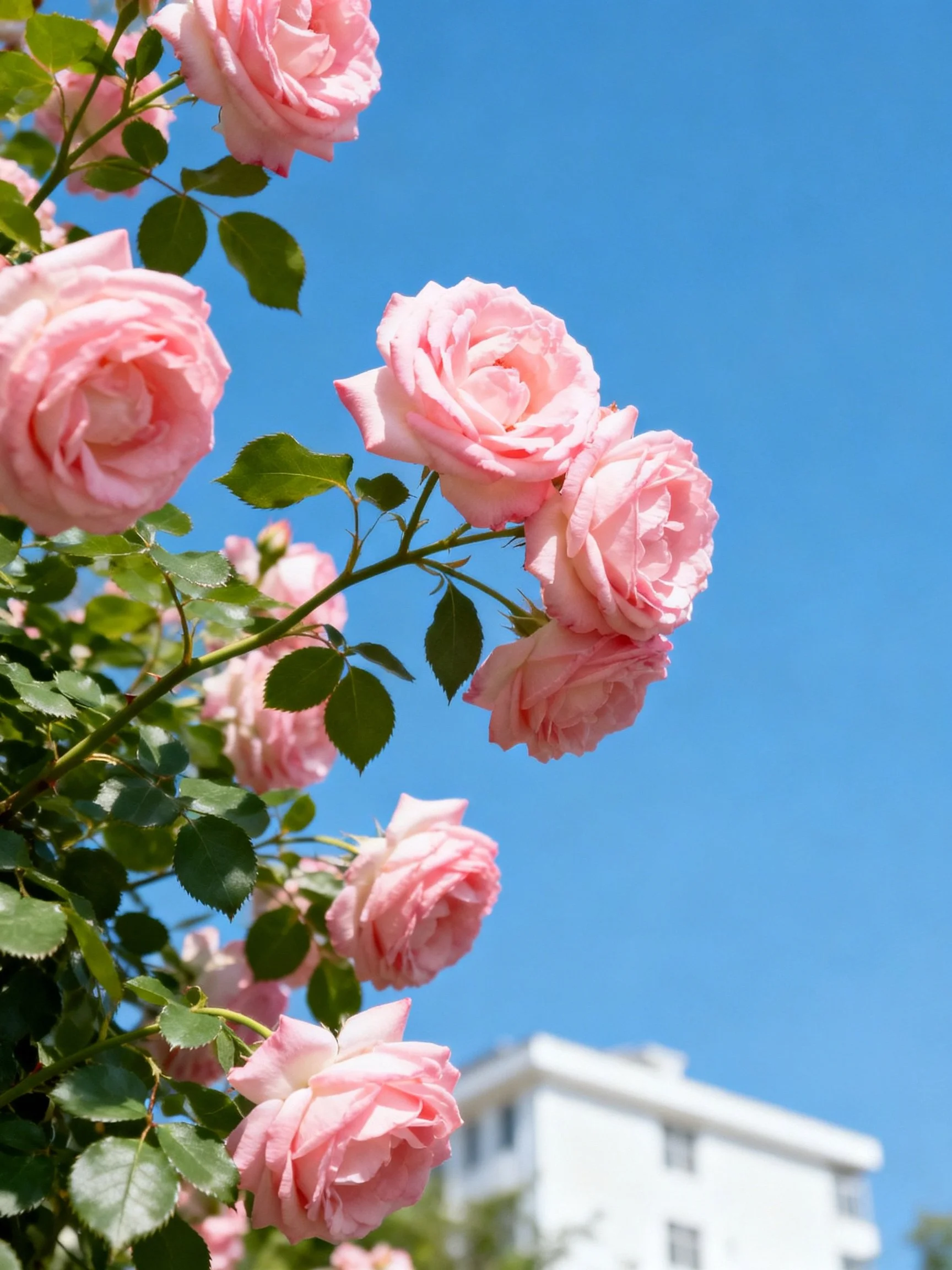 Pink roses blooming against clear blue sky with white building