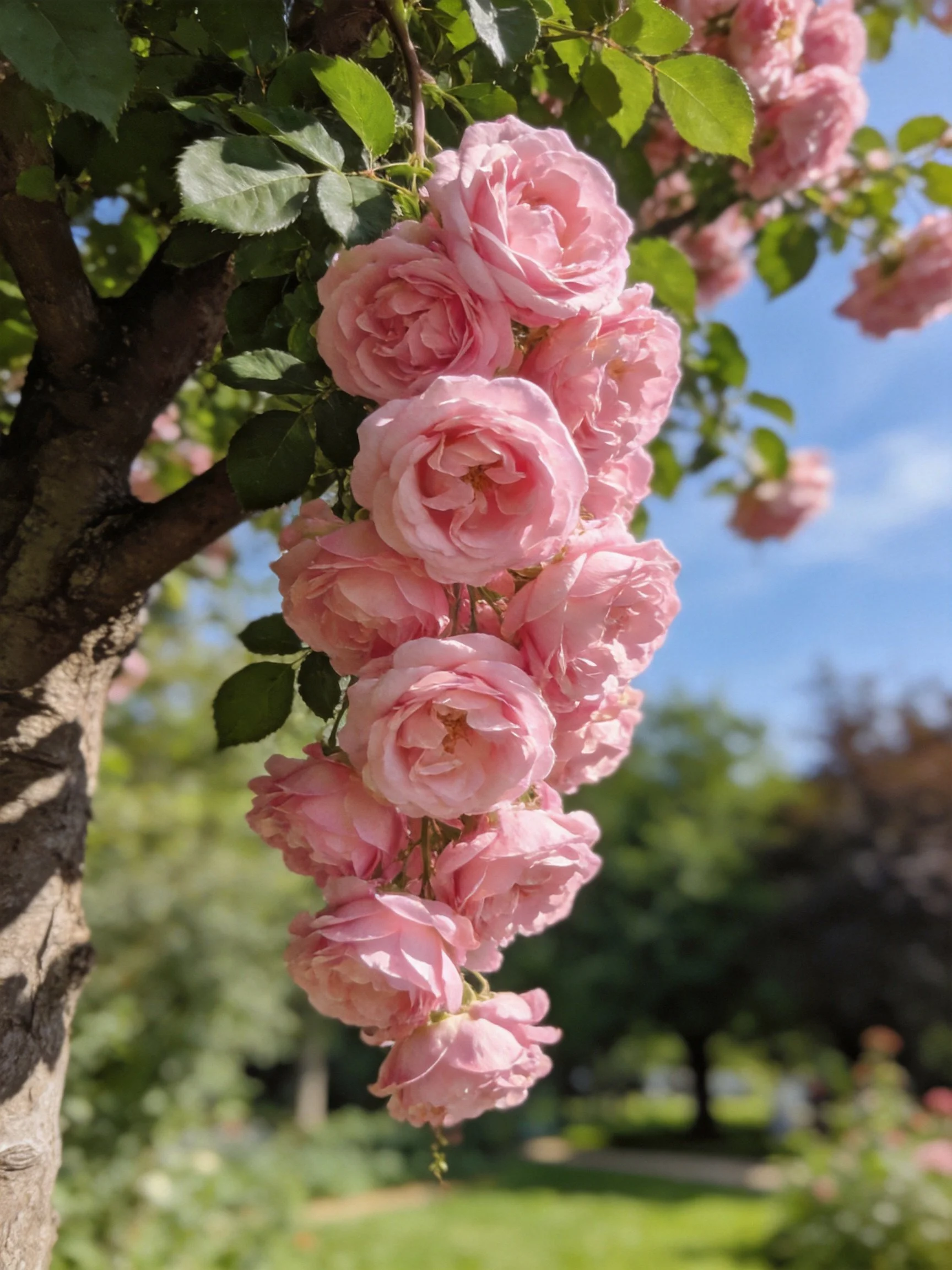 Pink roses cascade from a tree branch in a sunlit garden